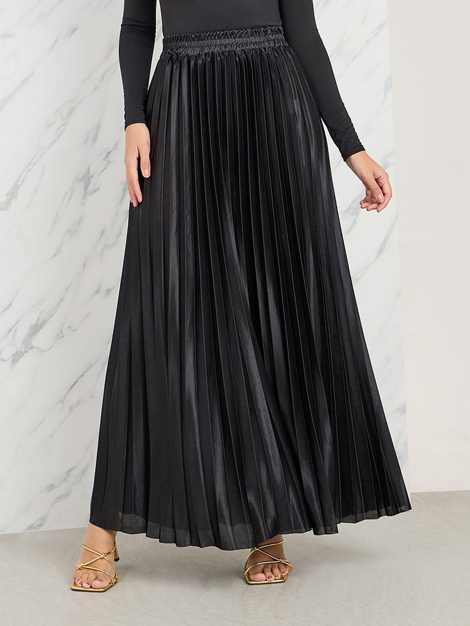 womens black satin pleated high rise a-line maxi skirt