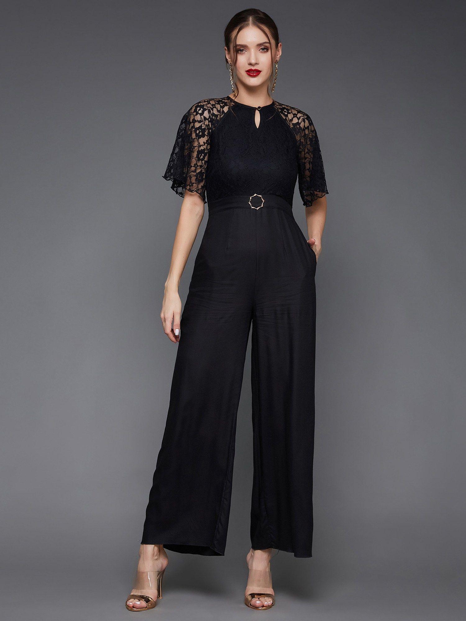 womens black self design half sleeves jumpsuit