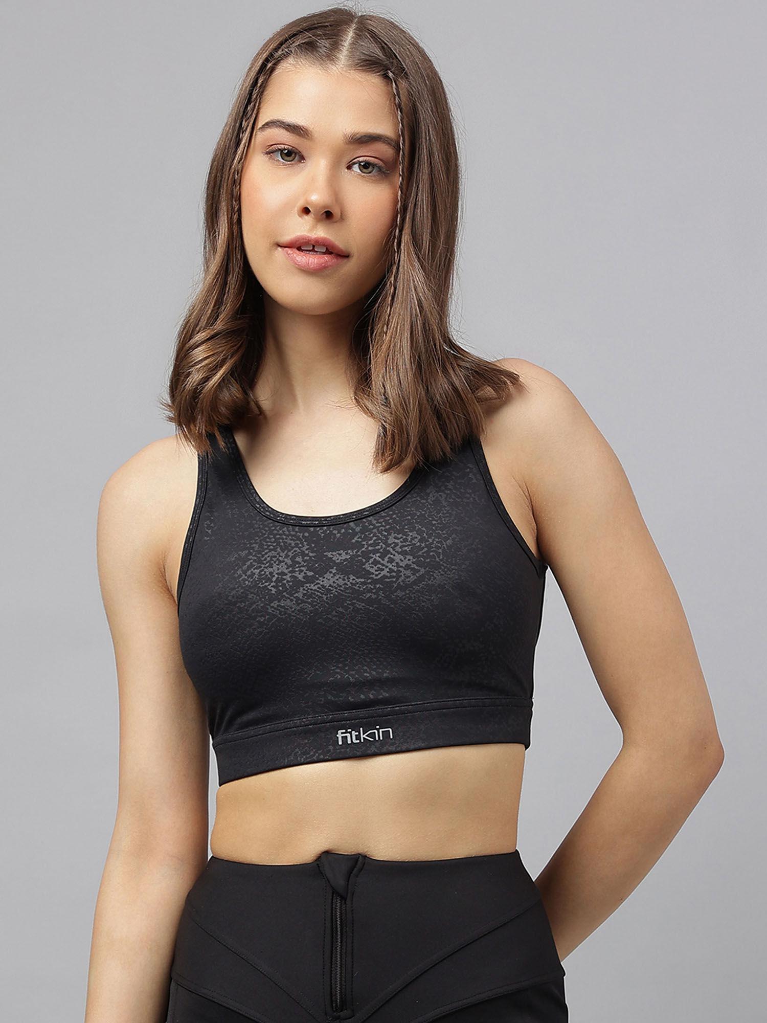 womens black snake print back multi straps sports bra