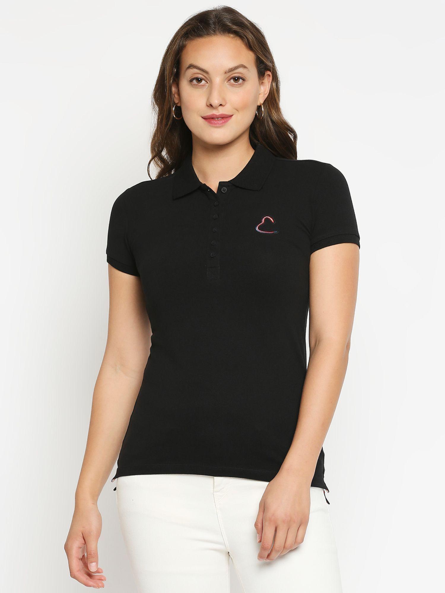 womens black solid collar neck polo t-shirt