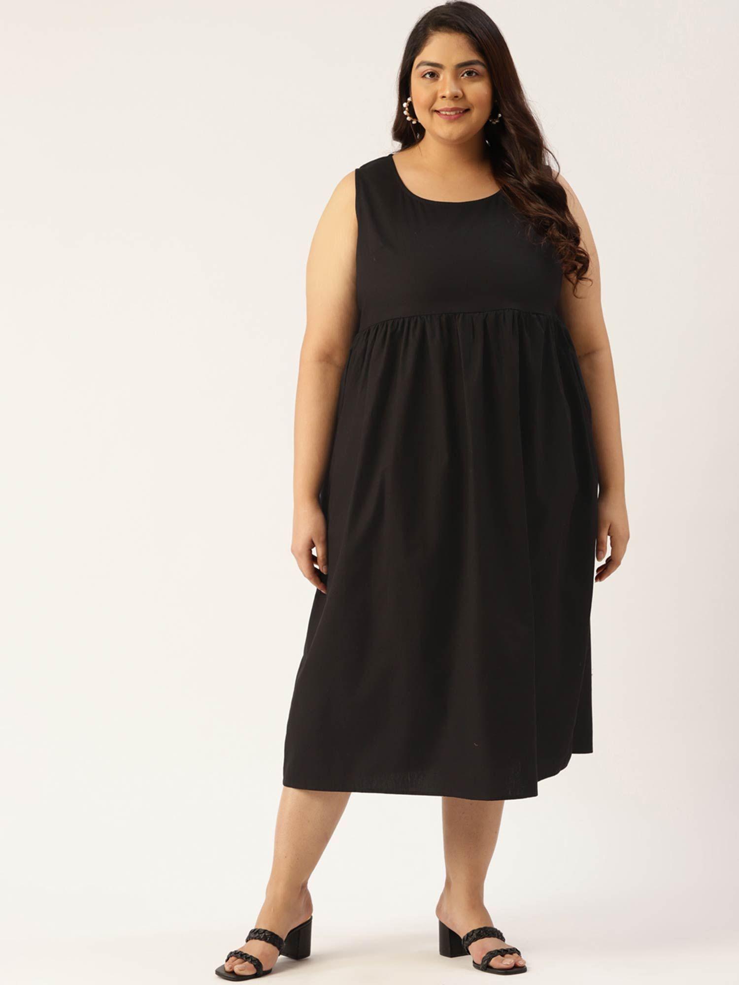 womens black solid color a-line midi dress