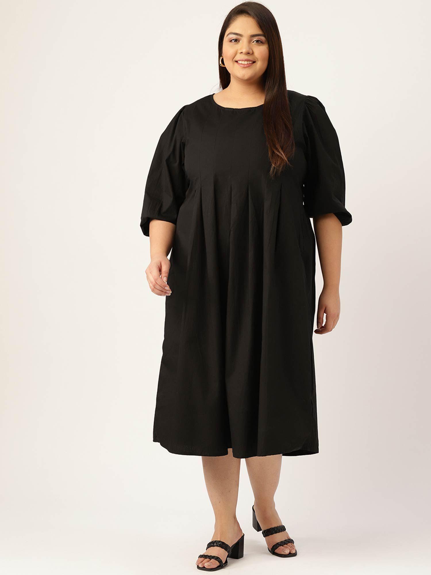 womens black solid color front-pleated a-line midi dress