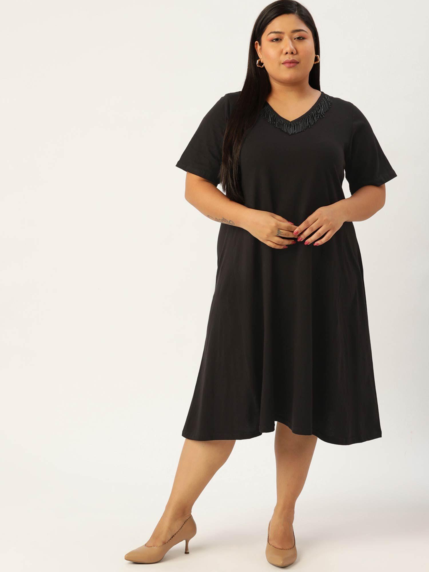 womens black solid color glass tassels a-line midi dress
