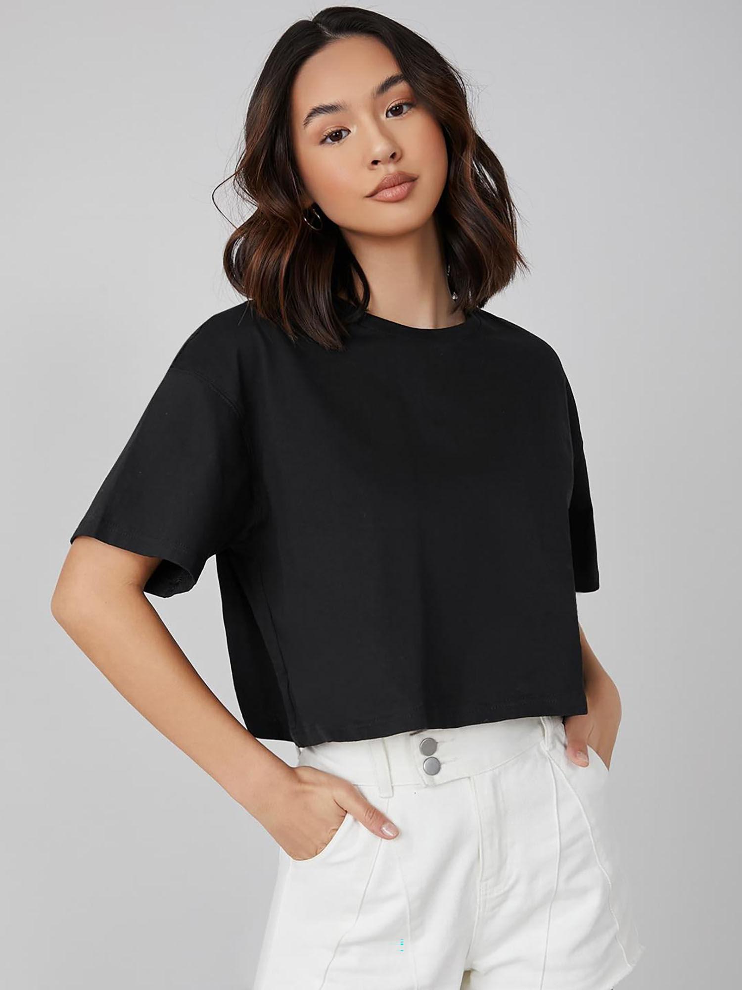 womens black solid cotton blend oversized crop t-shirt