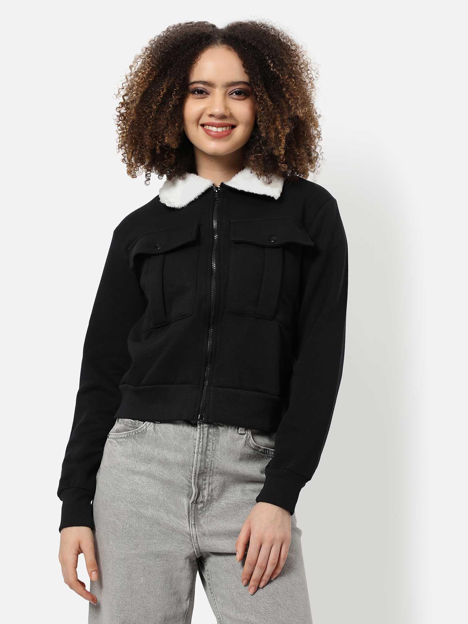 womens black solid cotton jacket