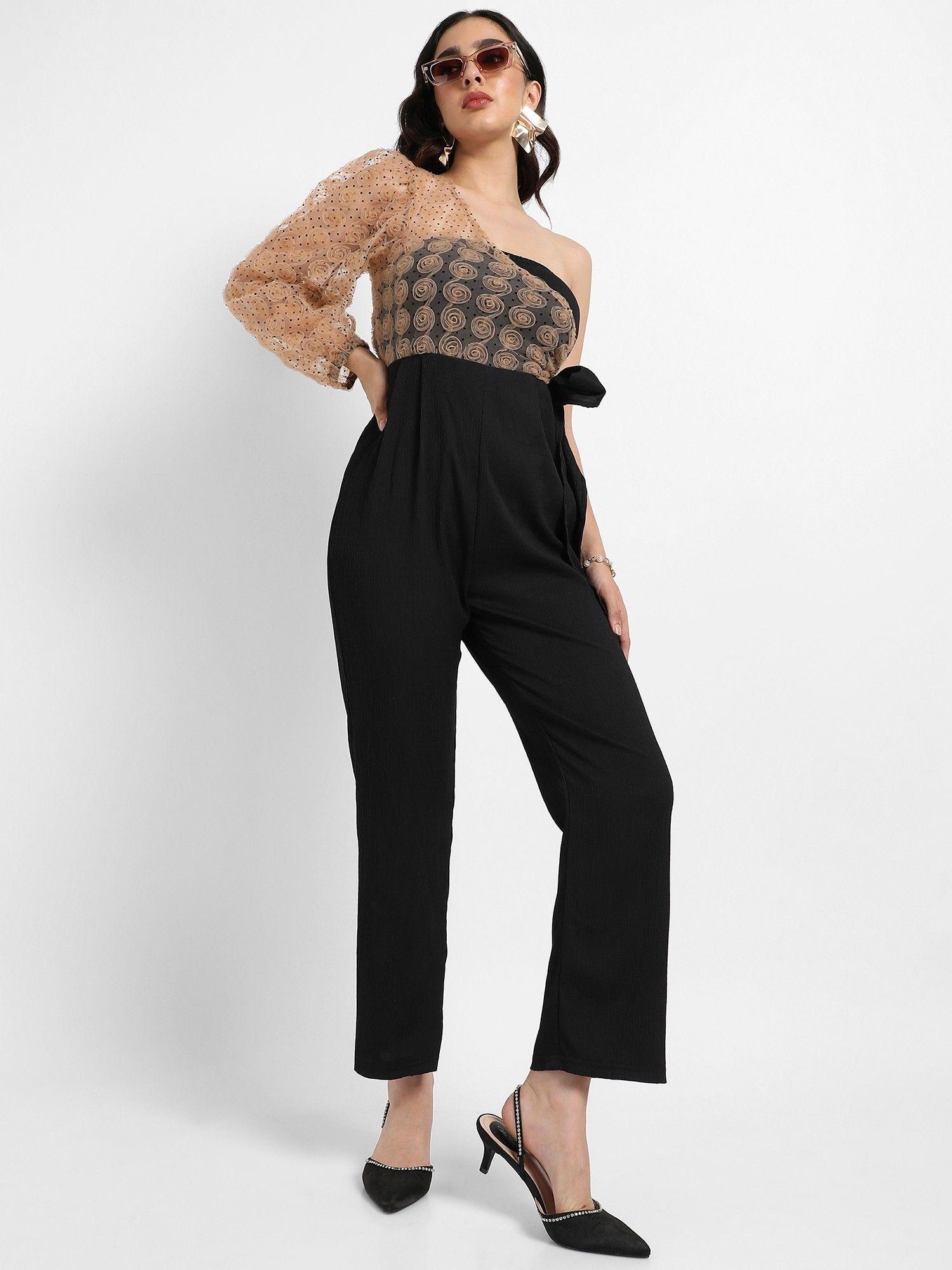 womens black solid jumpsuit with self design details