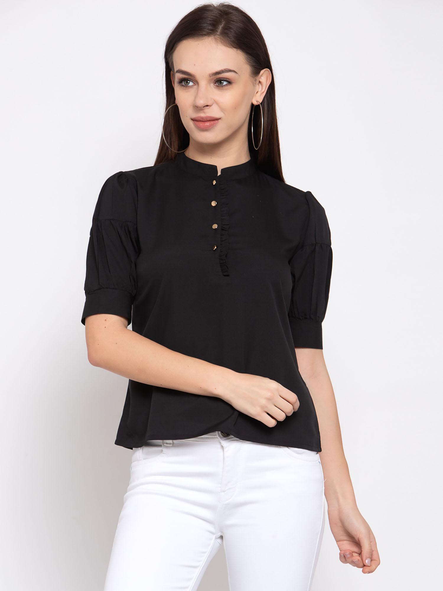 womens black solid puff sleeves regular top