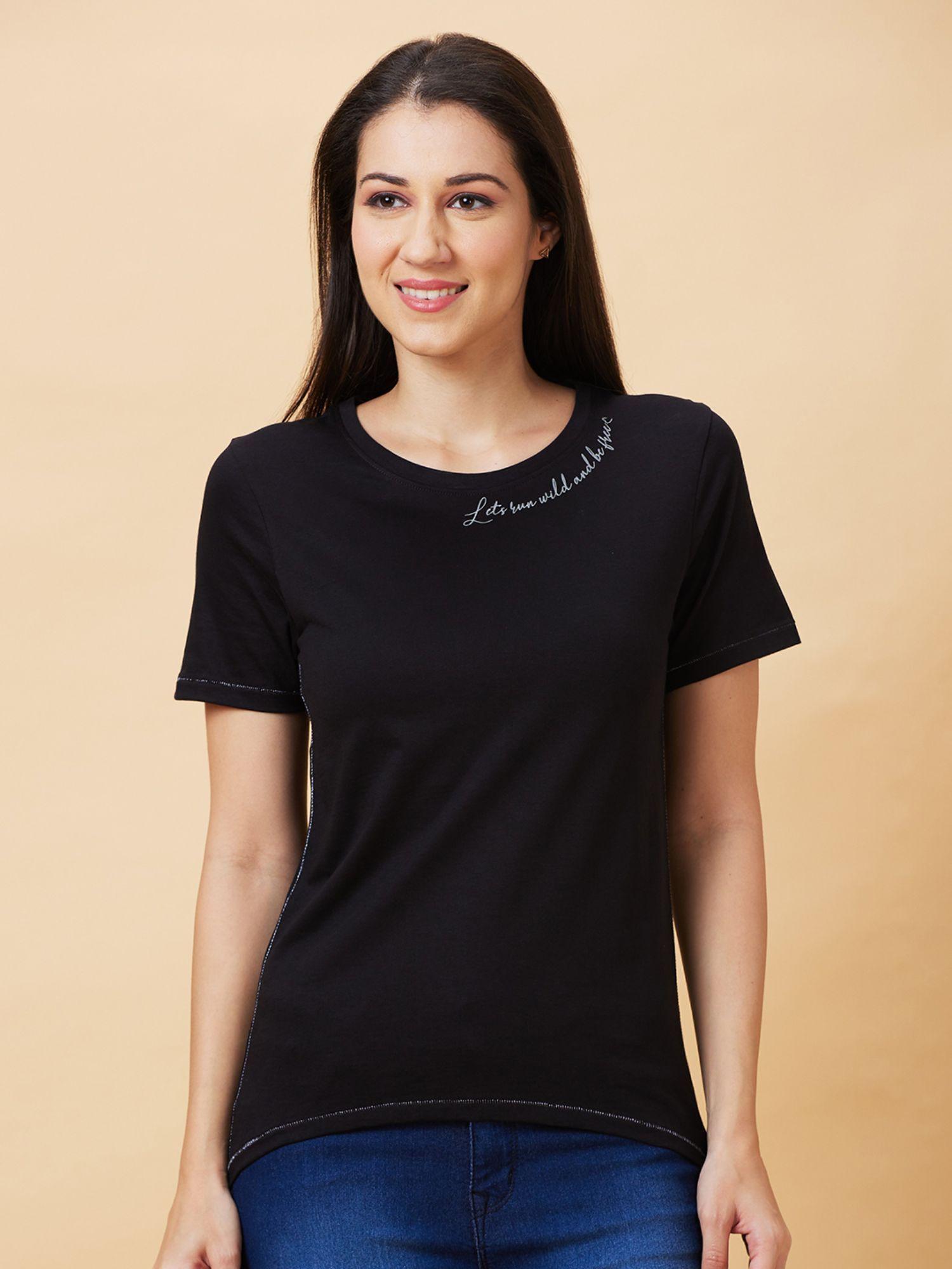 womens black solid round neck t-shirt