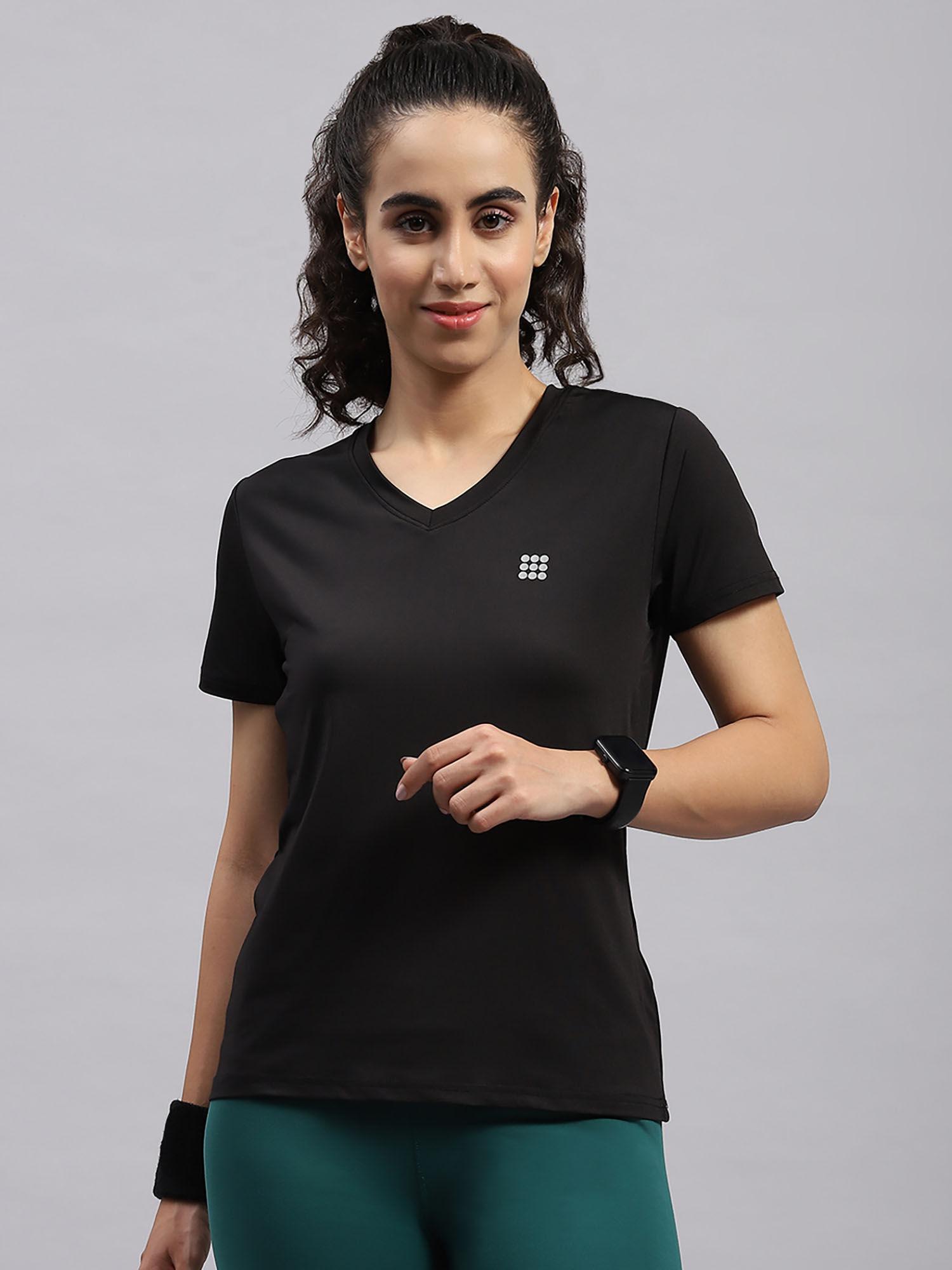 womens black solid v neck half sleeve t-shirt