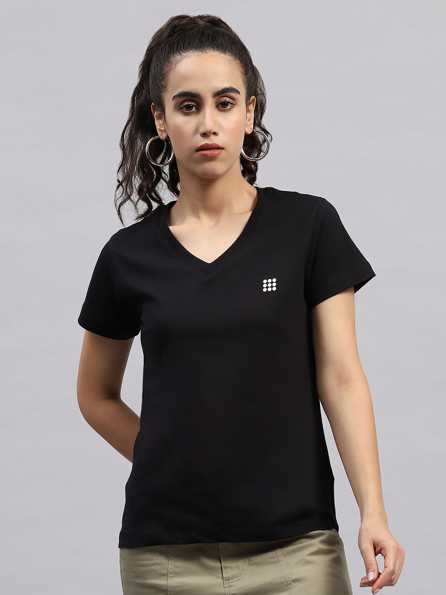 womens black solid v neck half sleeve t-shirt