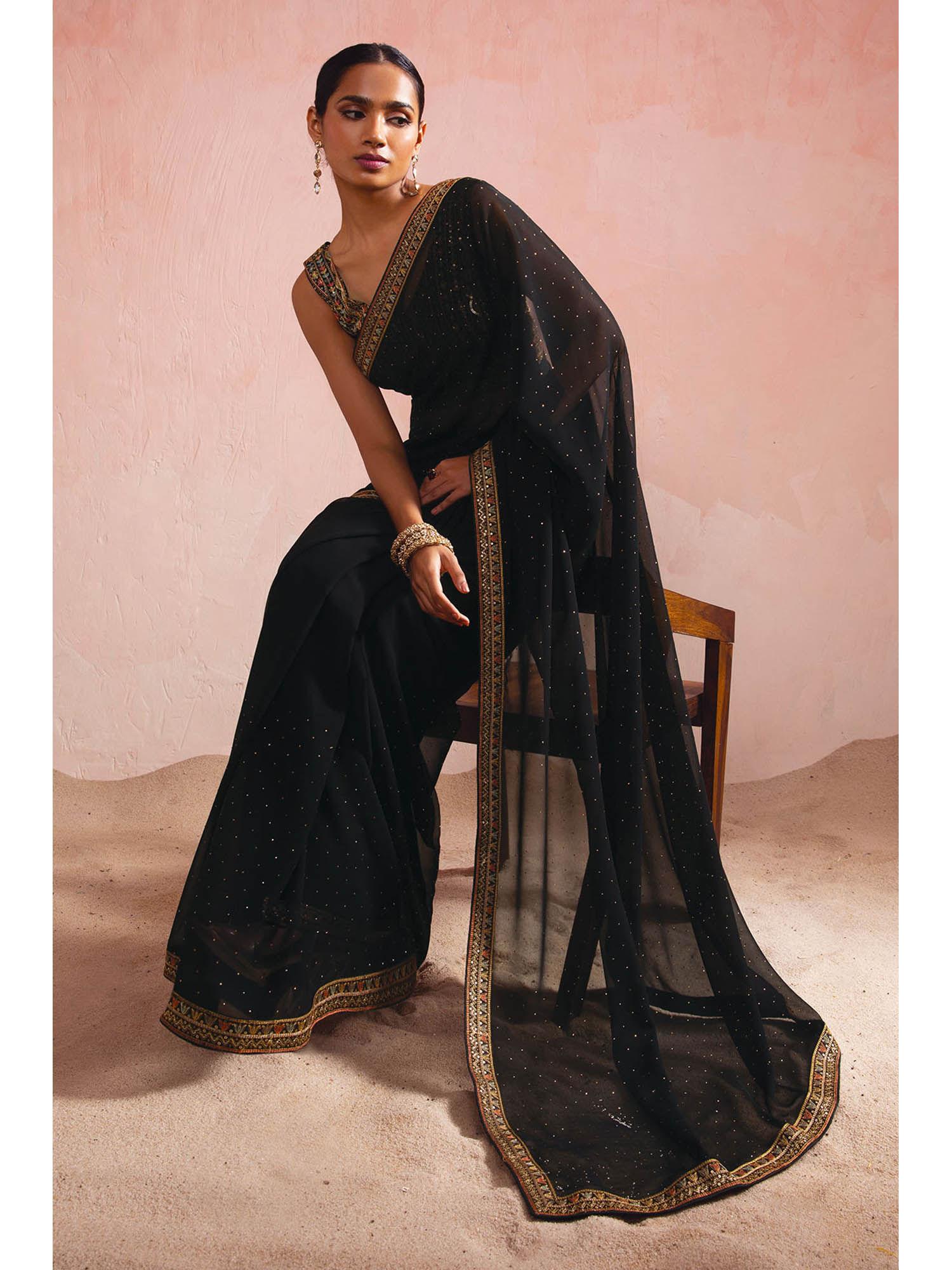 womens black stones embroidery georgette saree with unstitched & stitched blouse