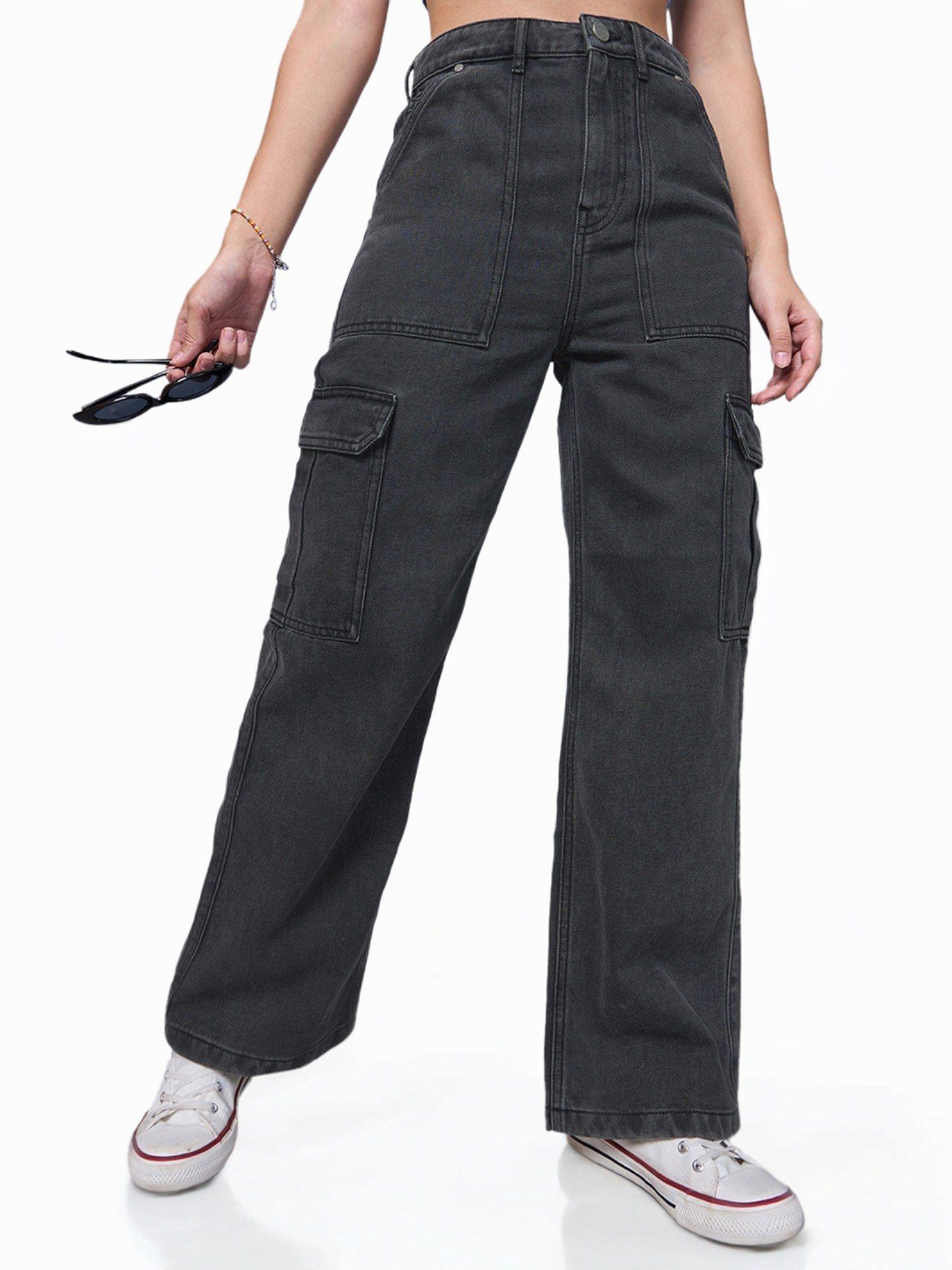 womens black straight fit cargo jeans