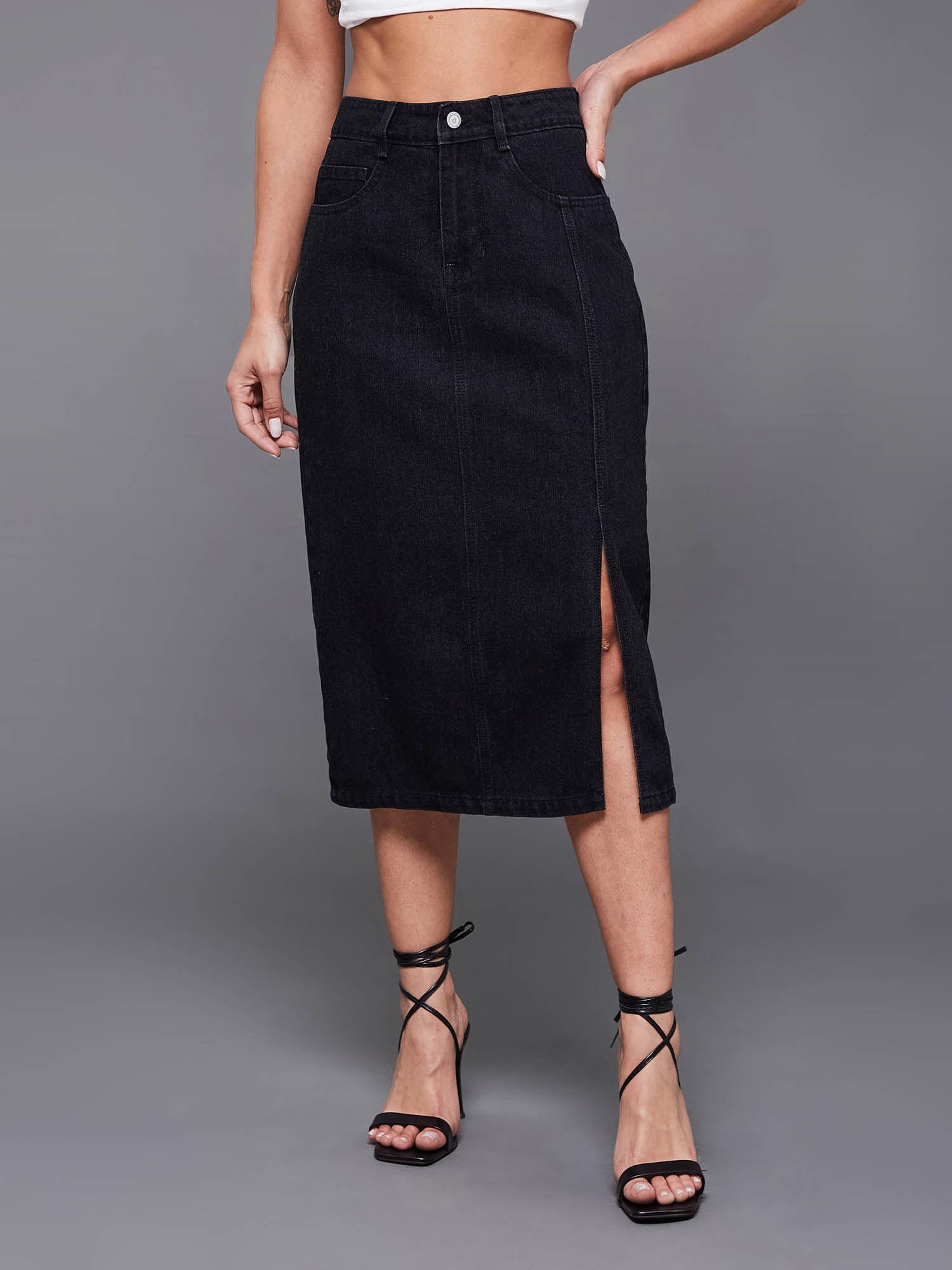 womens black straight fit high rise stretchable denim midi skirt