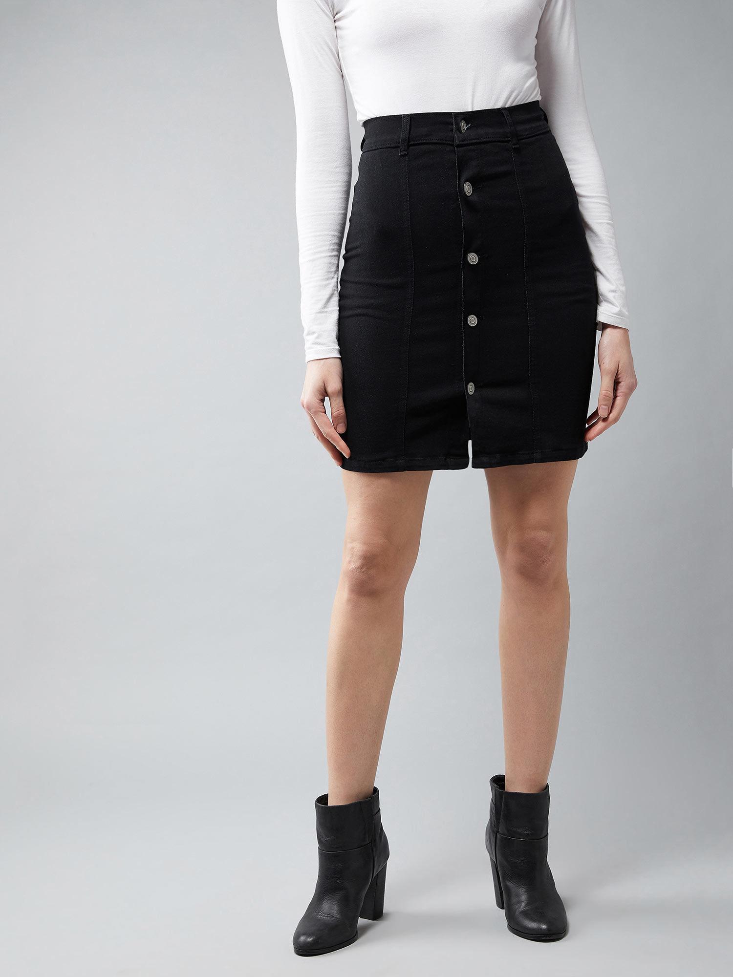 womens black stretchable solid a-line mini denim skirt
