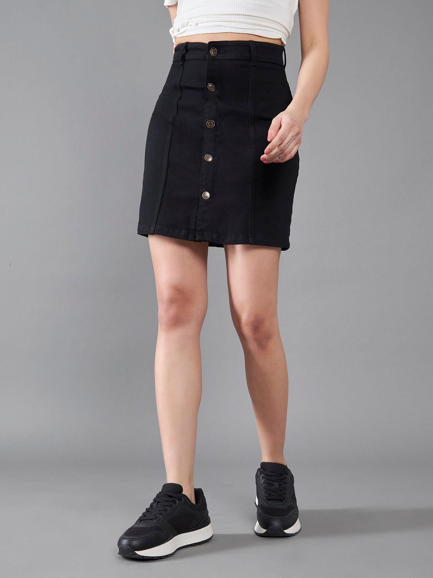 womens black stretchable solid a-line mini denim skirt