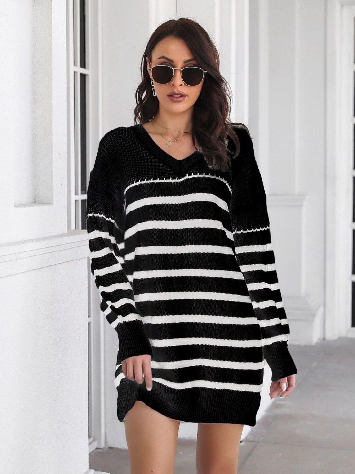 womens black striped v-neck long sleeves sweater dress