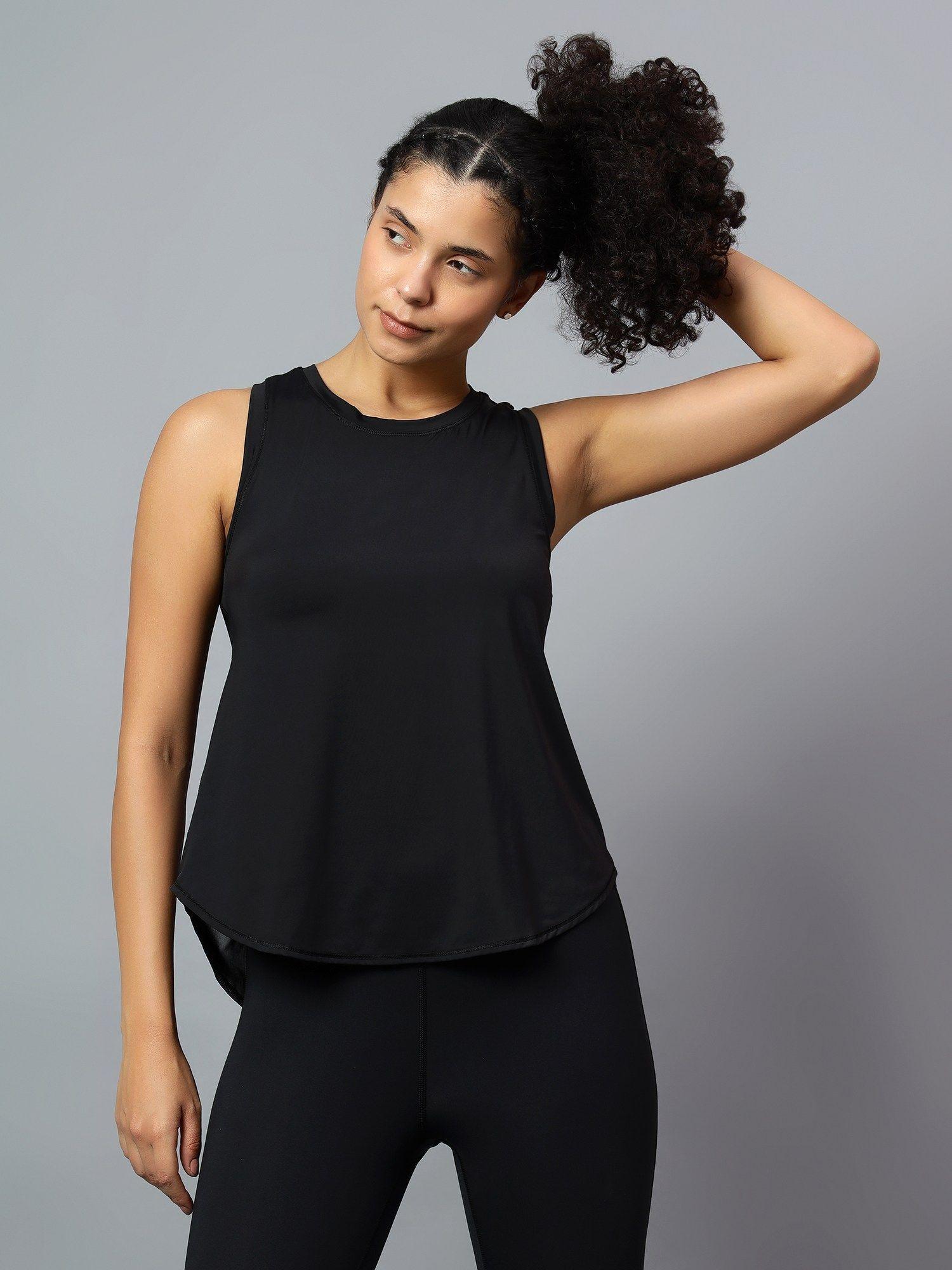 womens black tank with back net panel design