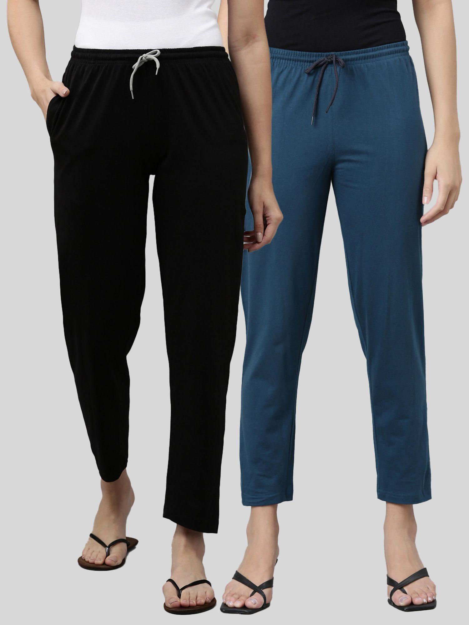 womens black teal blue mid waist cotton solid pants (pack of 2)