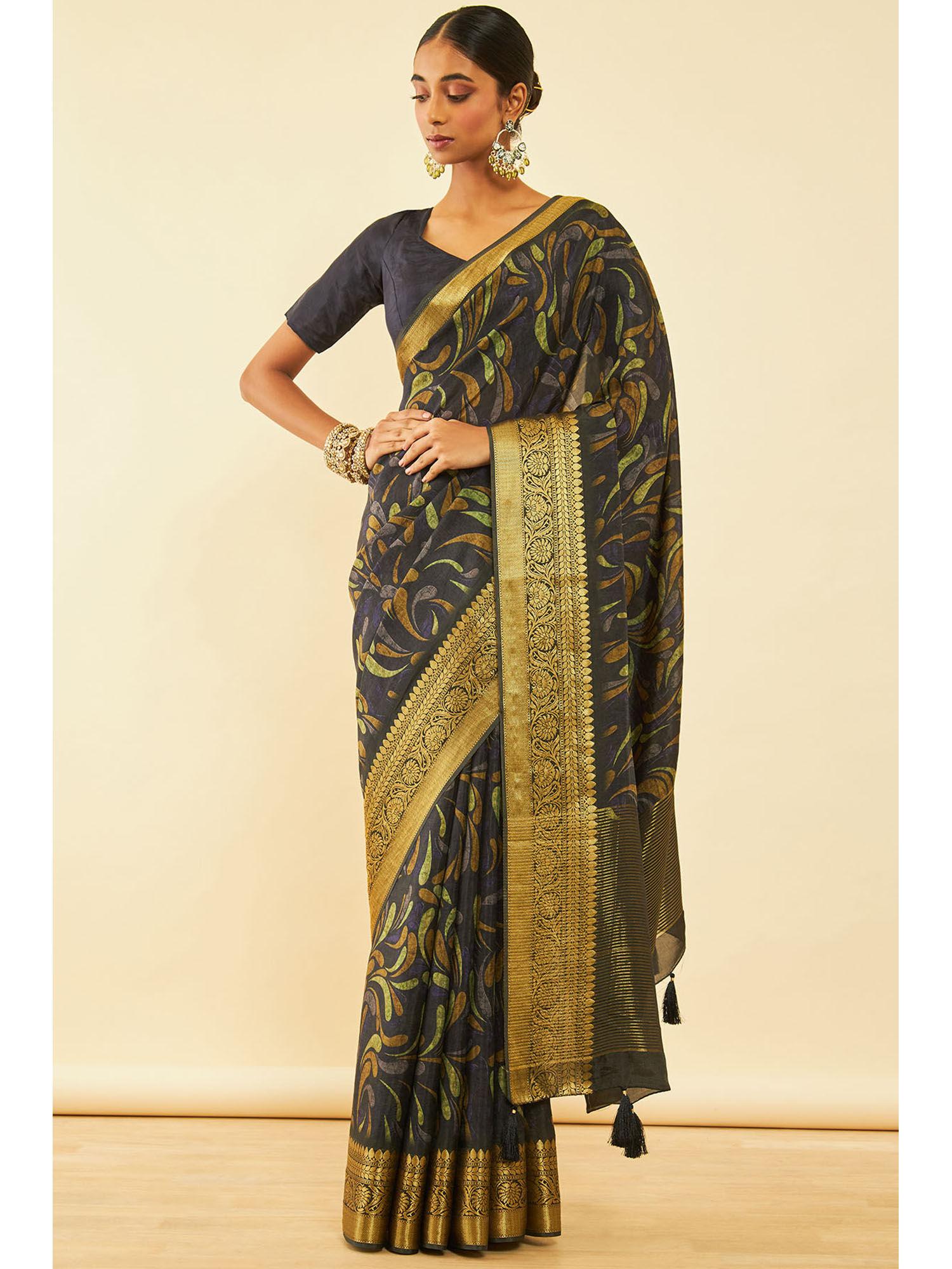 womens black tessar silk printed saree with tassels with unstitched blouse