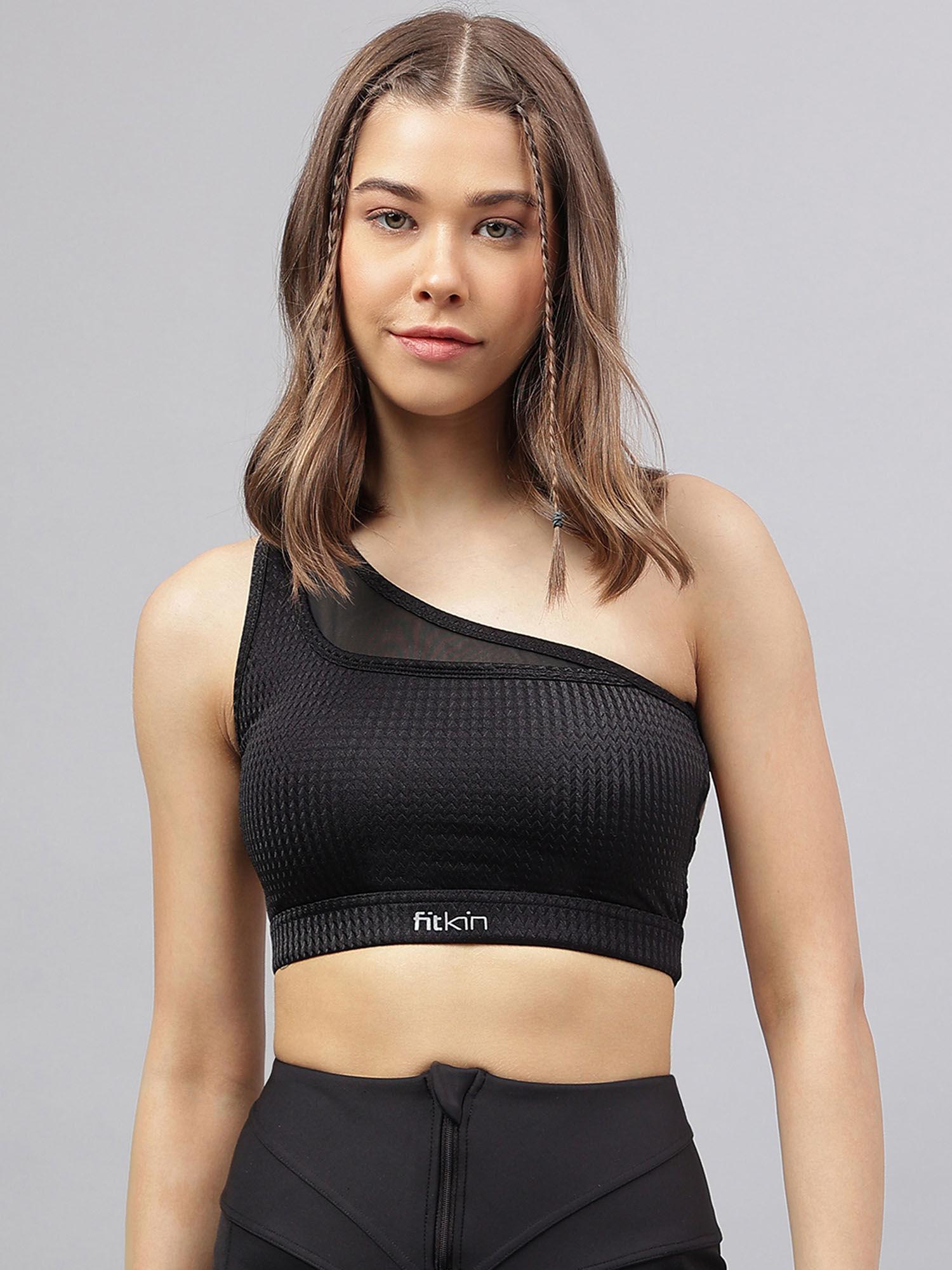 womens black textured one shoulder sports bra