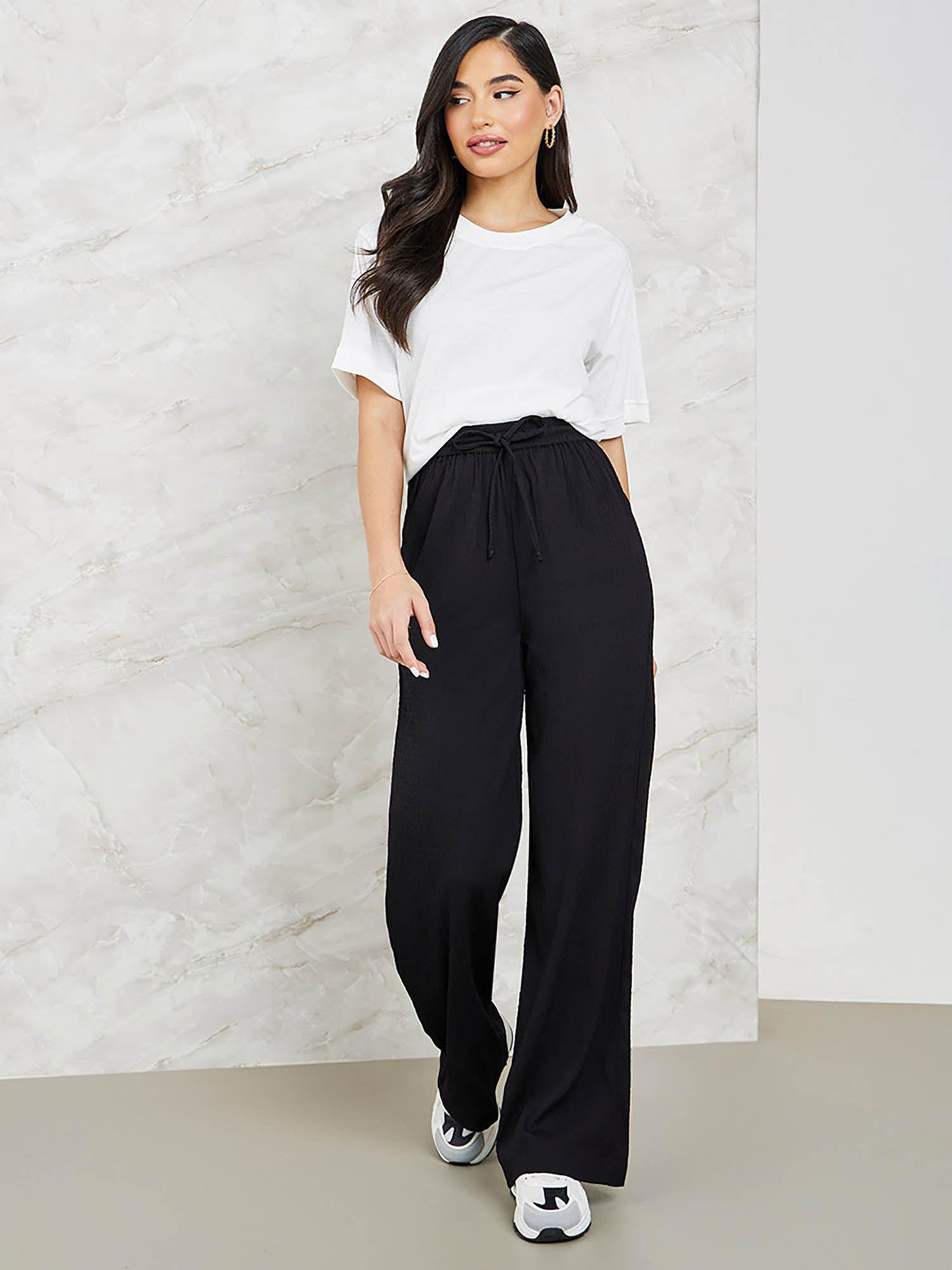 womens black textured wide leg pant with side pocket