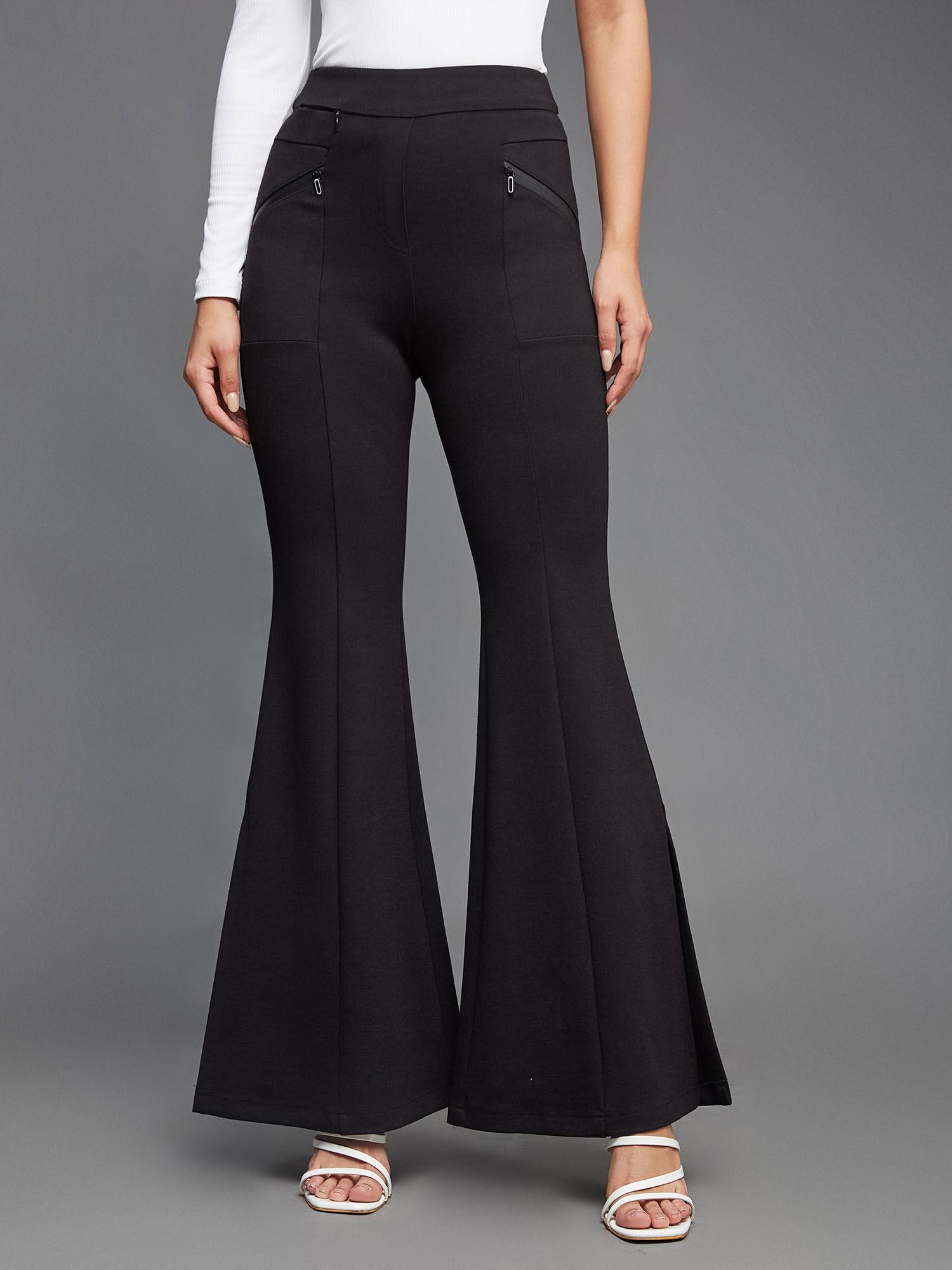 womens black viscose solid side slit bootcut regular trouser
