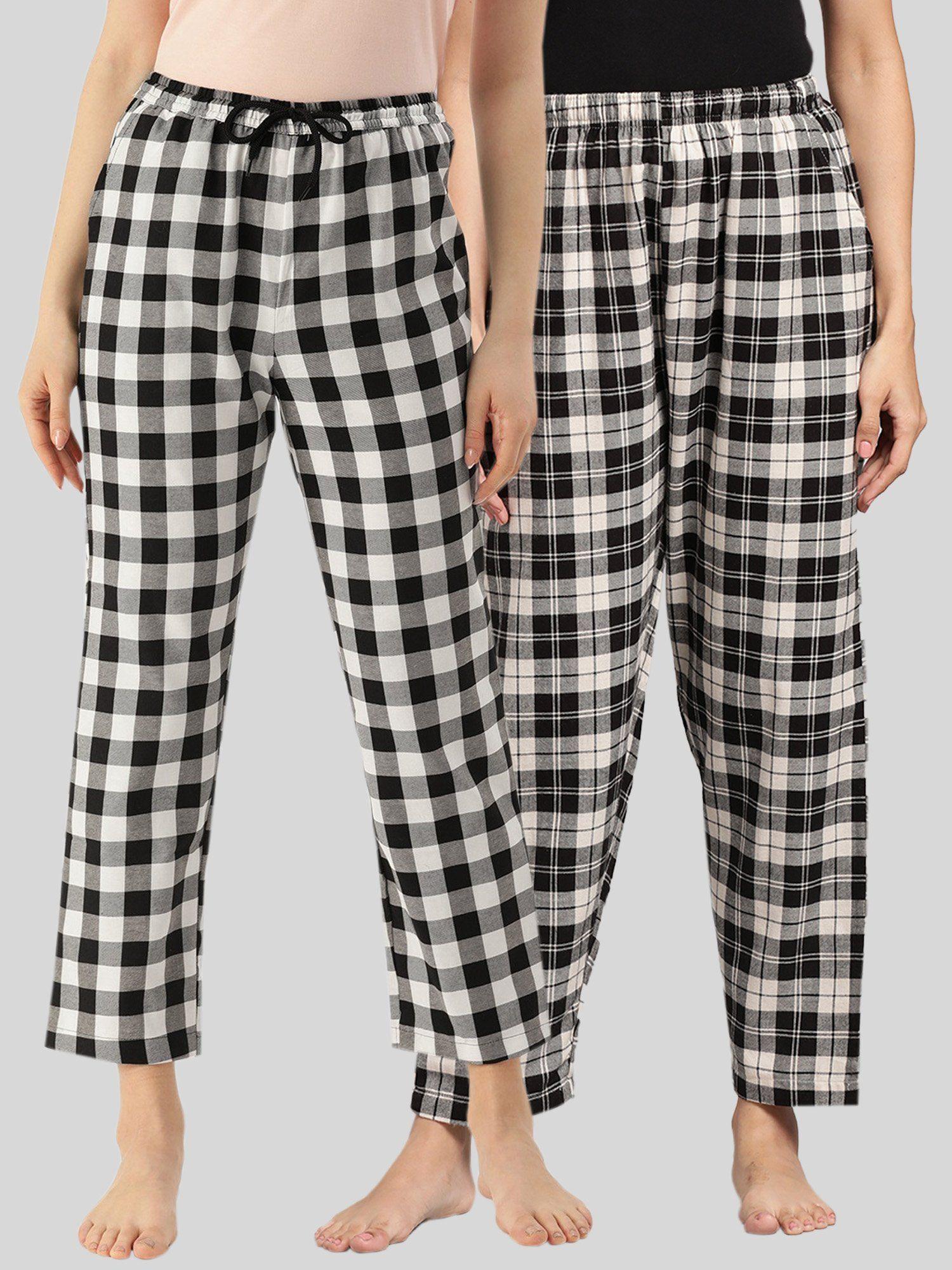 womens black white cotton check lounge pajamas (pack of 2)