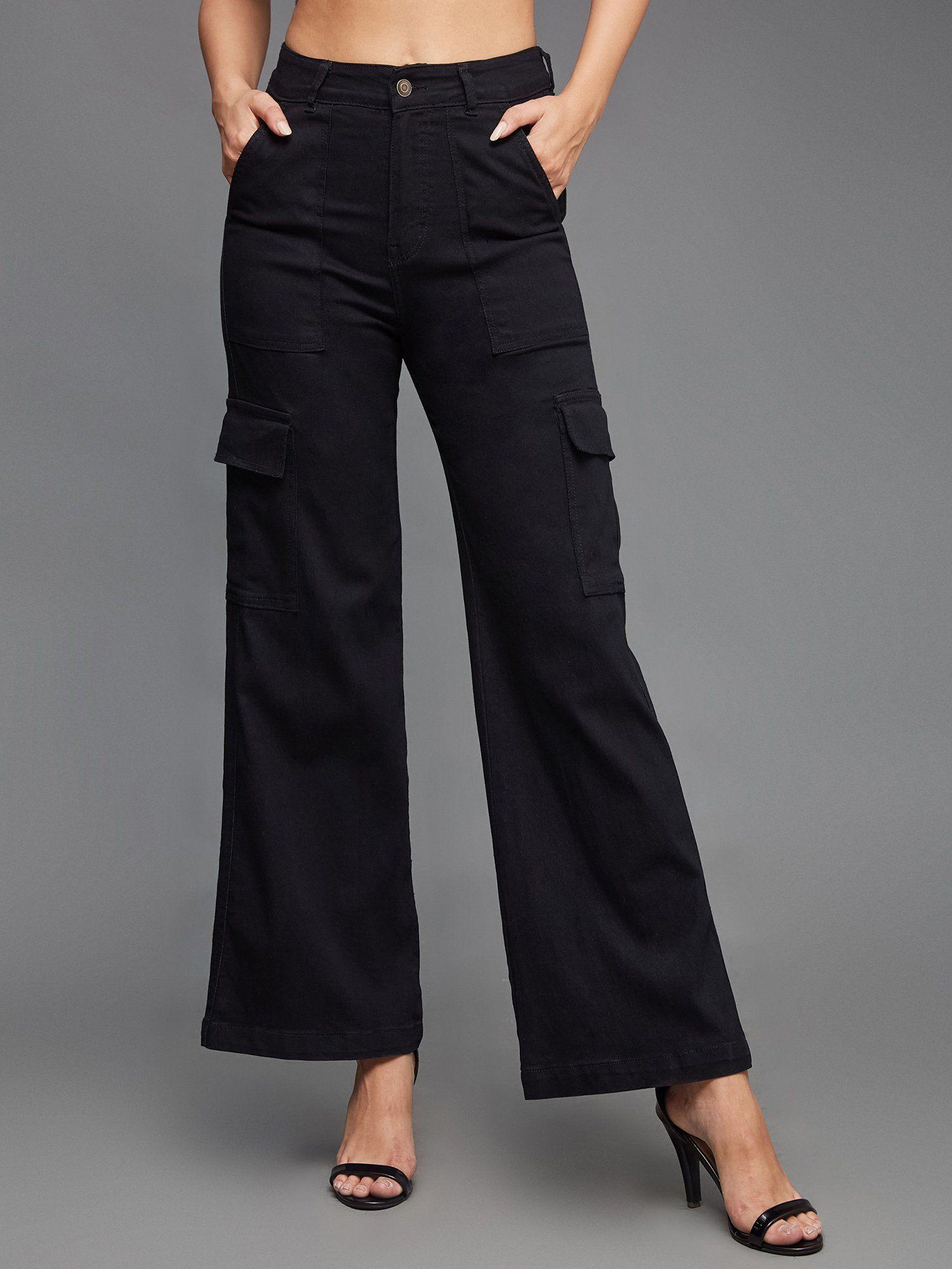 womens black wide-leg high-rise clean-look stretchable denim cargo jeans