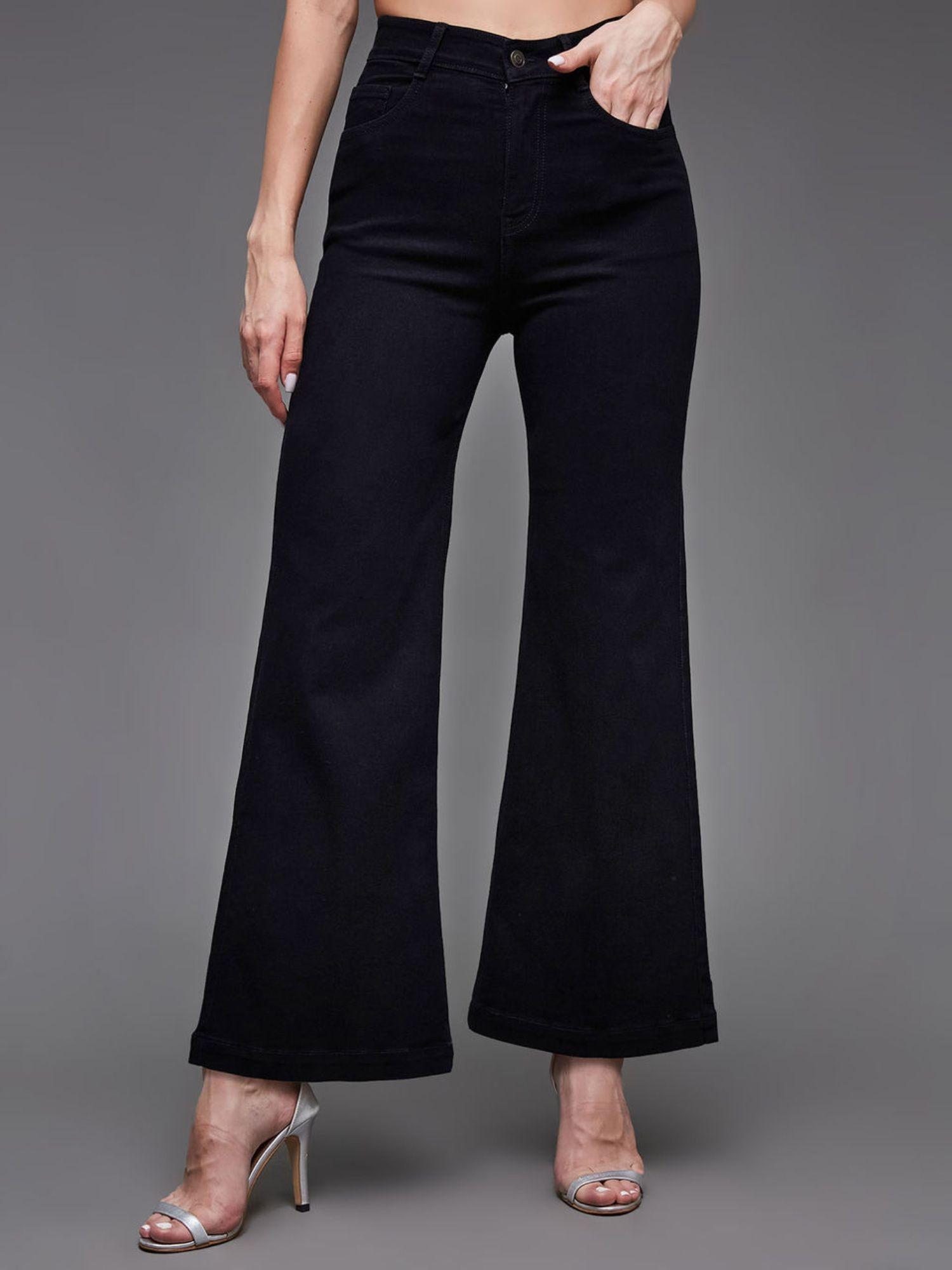 womens black wide leg high rise clean look stretchable denim jeans