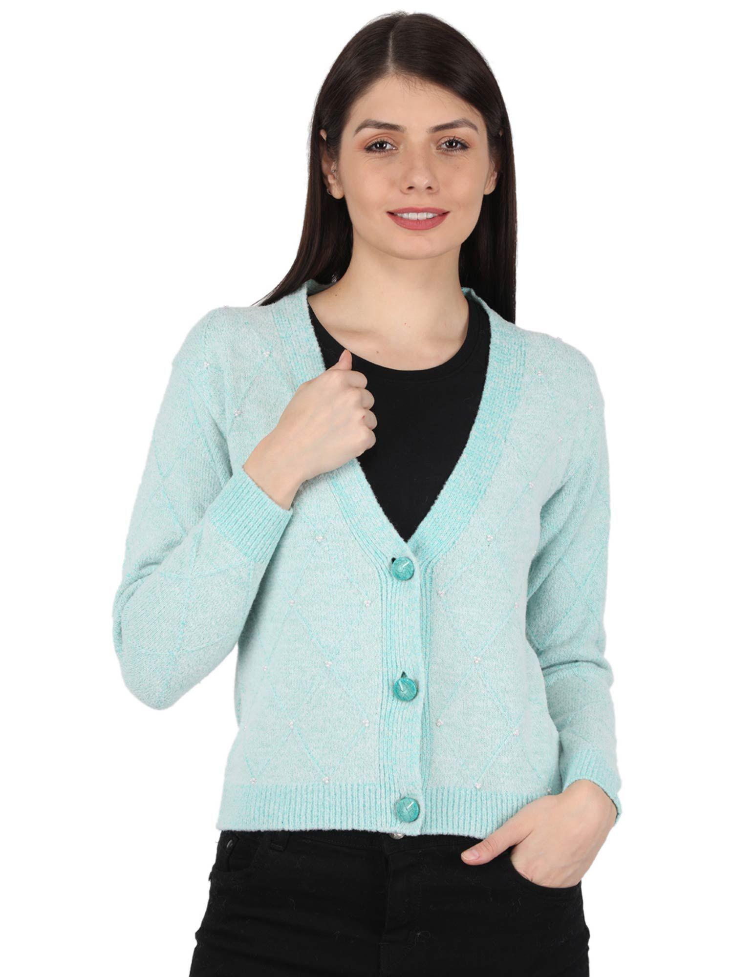 womens blend wool blue designer v neck cardigan