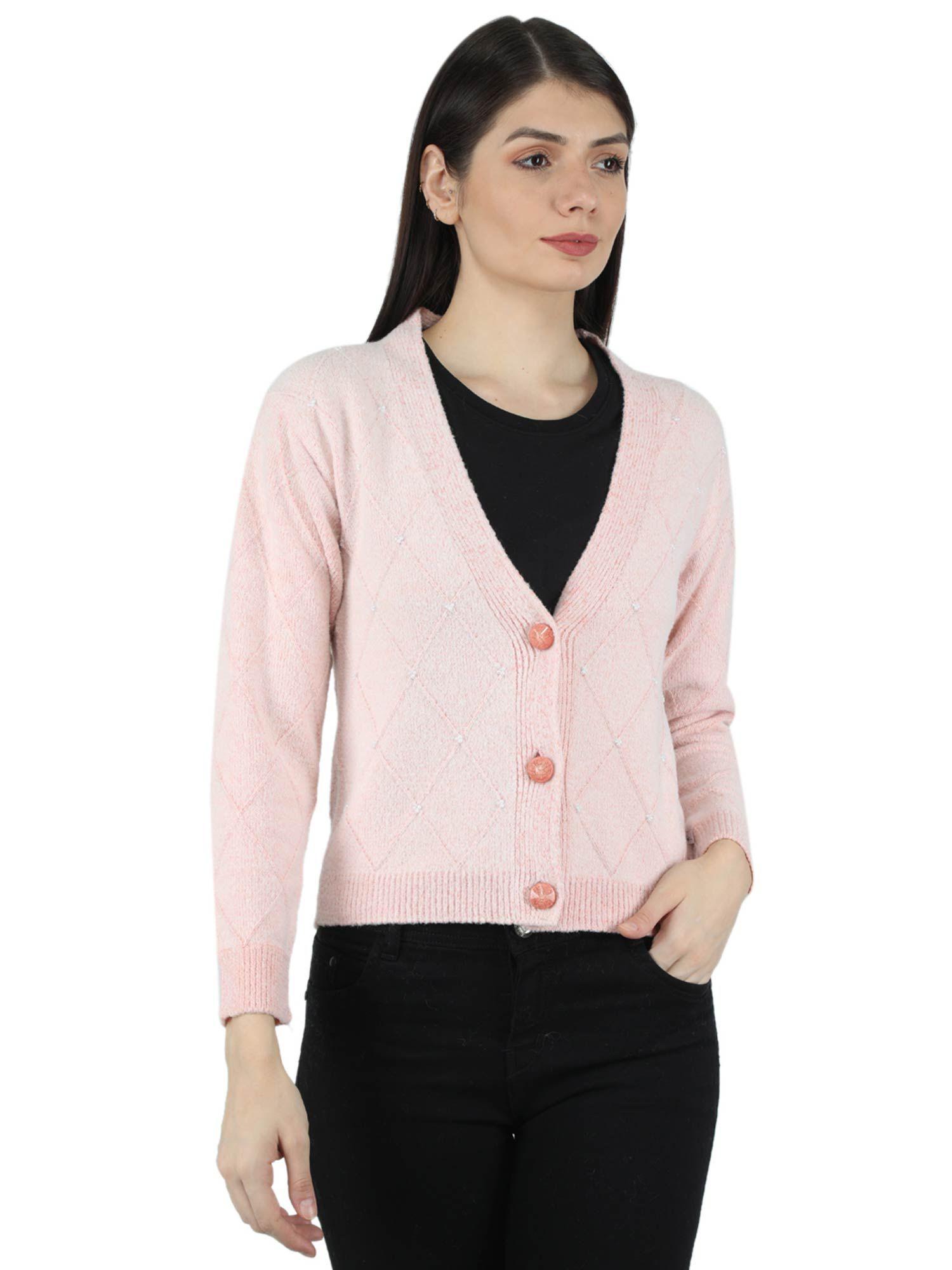 womens blend wool pink designer v neck cardigan