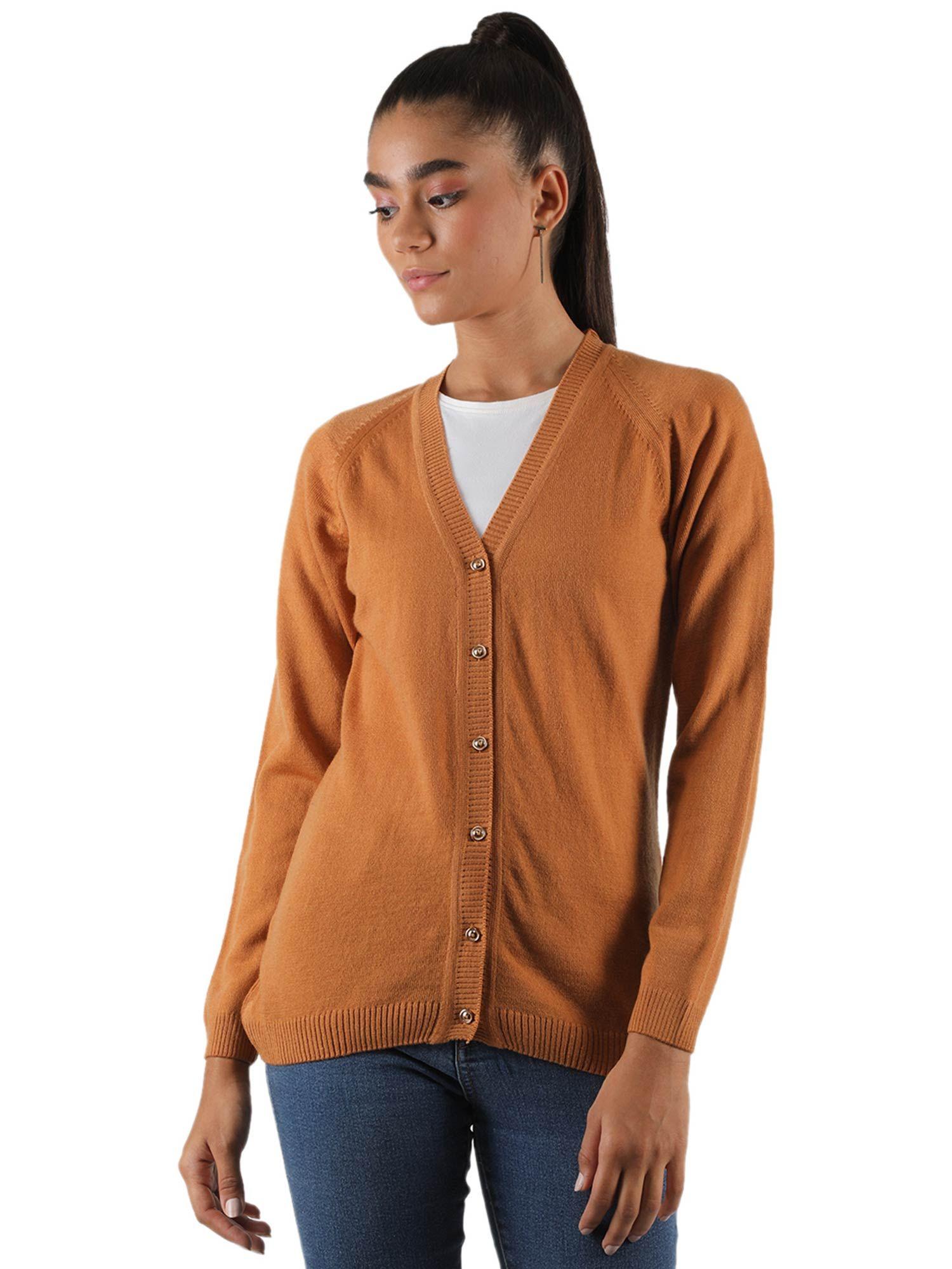 womens blend wool rust solid v neck cardigan