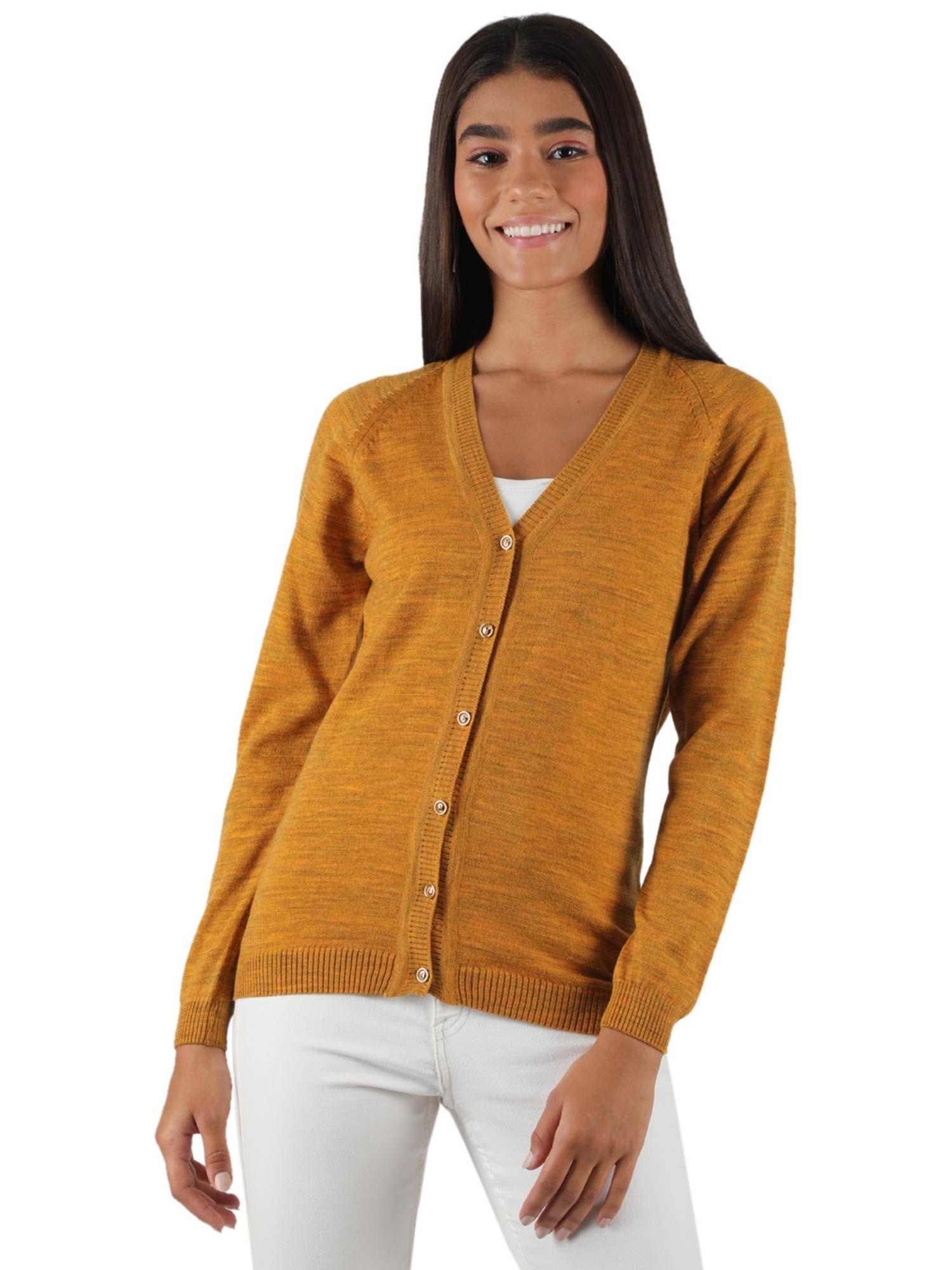 womens blend wool yellow solid v neck cardigan