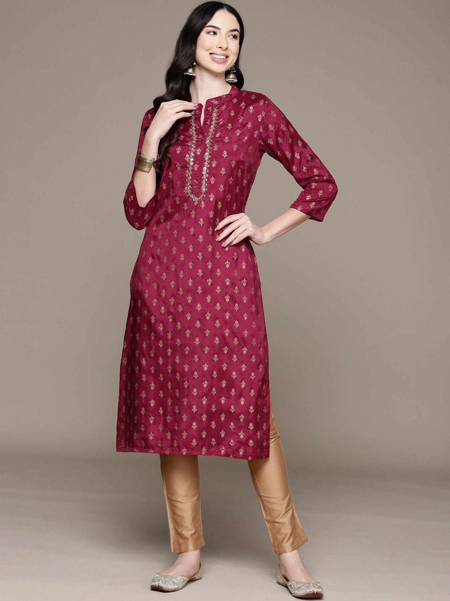 womens blended floral magenta printed straight kurta