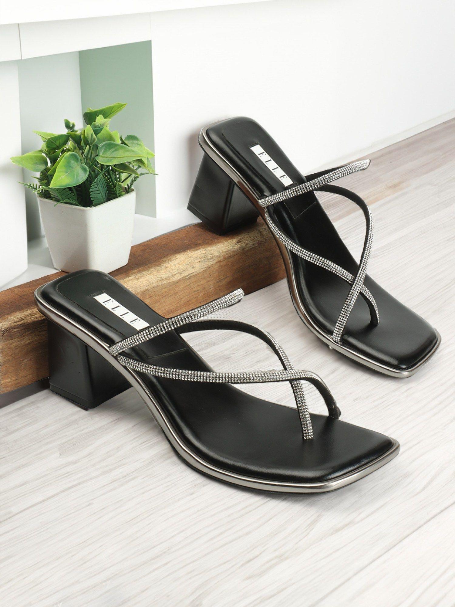 womens block heel black color slip on sandals