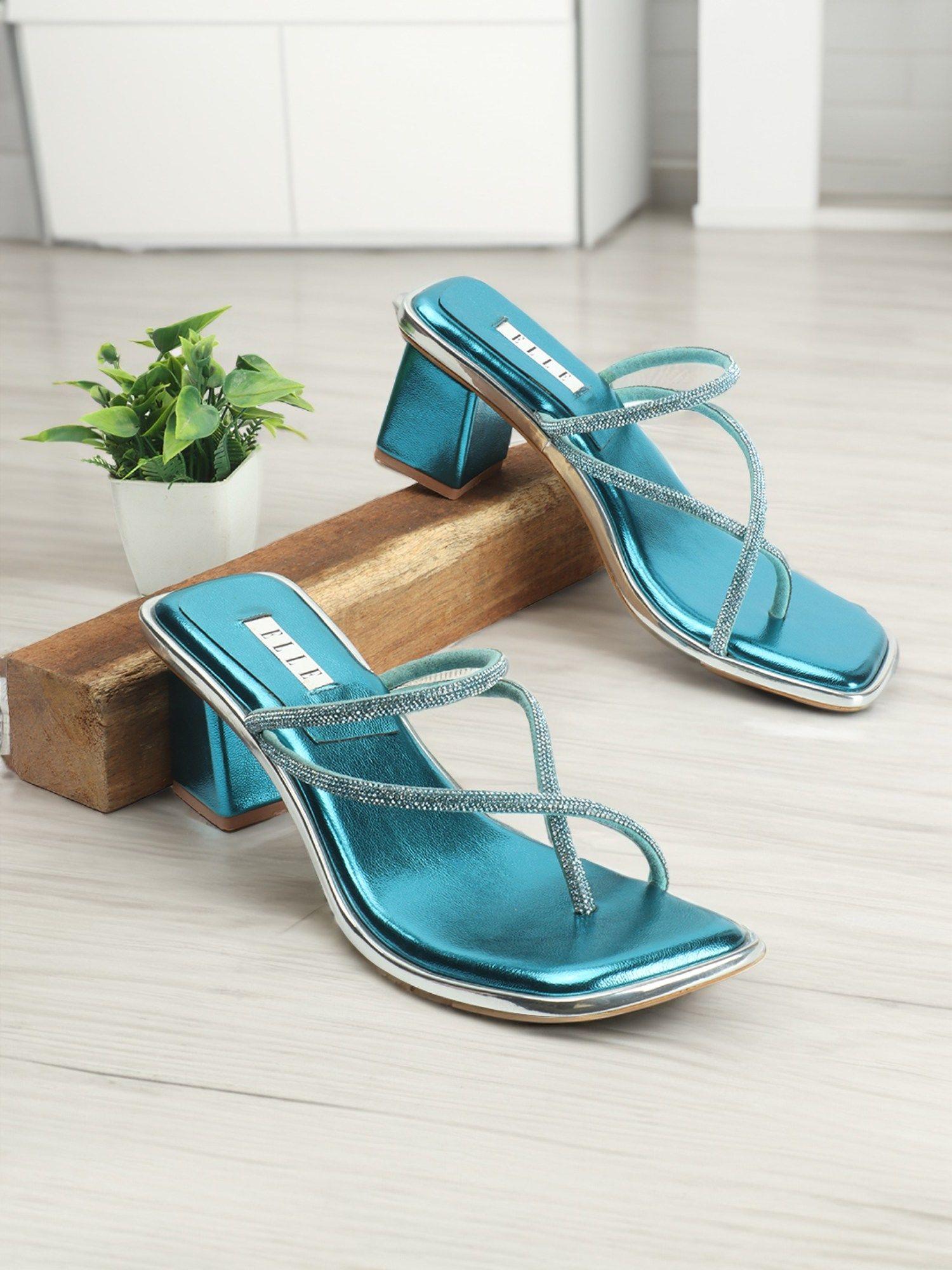 womens block heel blue color slip on sandals