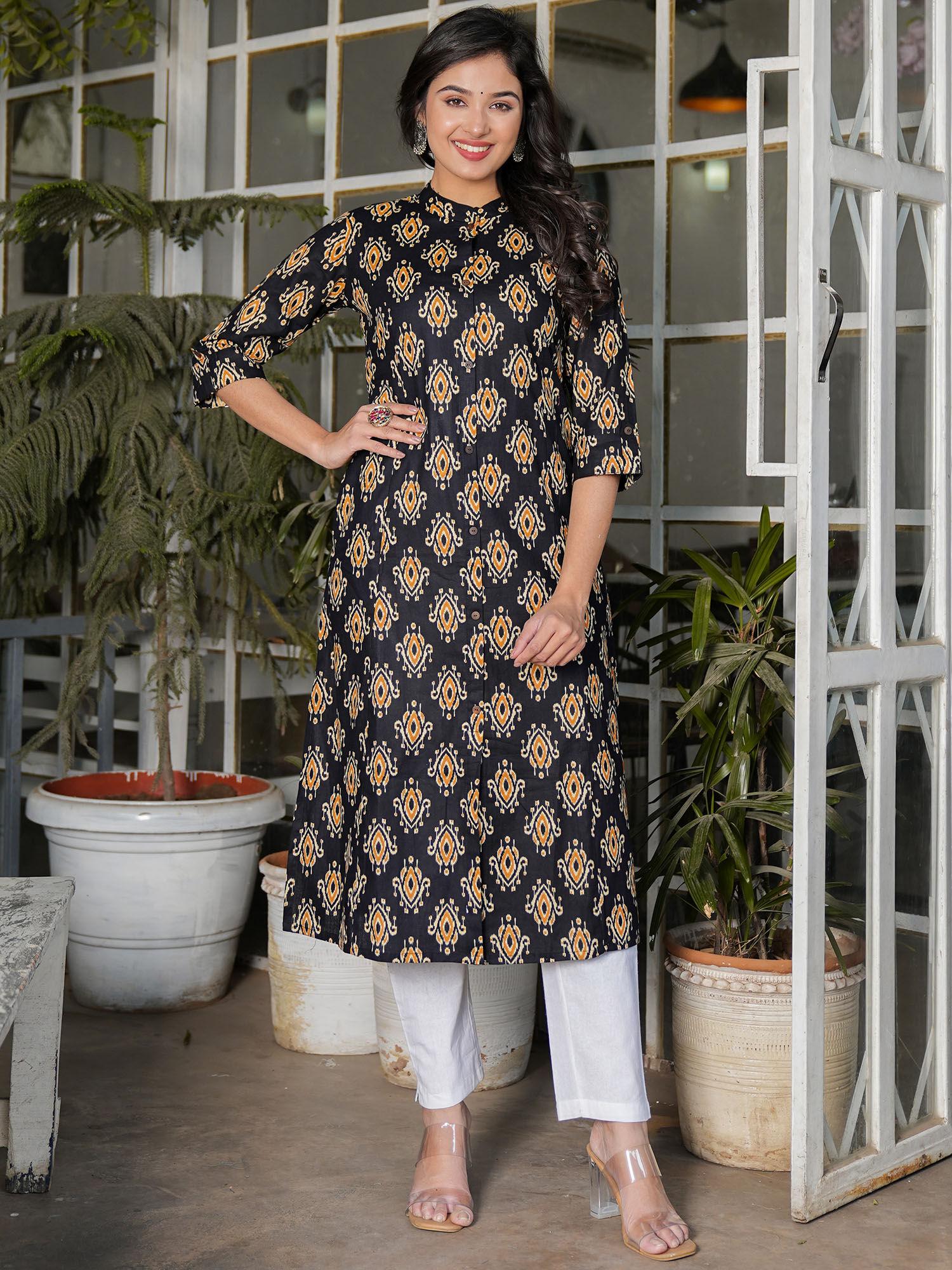 womens block print straight cotton black kurta