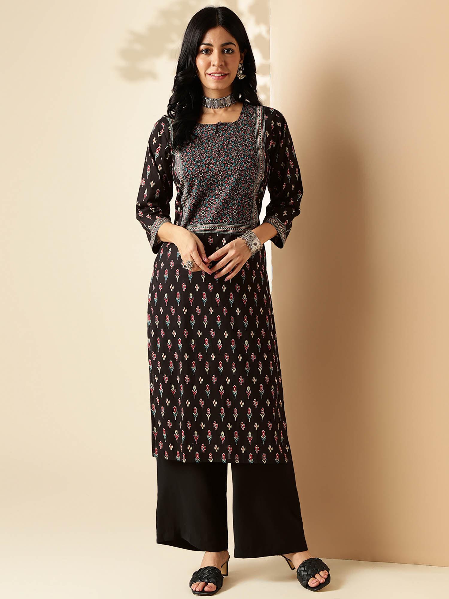 womens block print straight cotton black stitched kurta