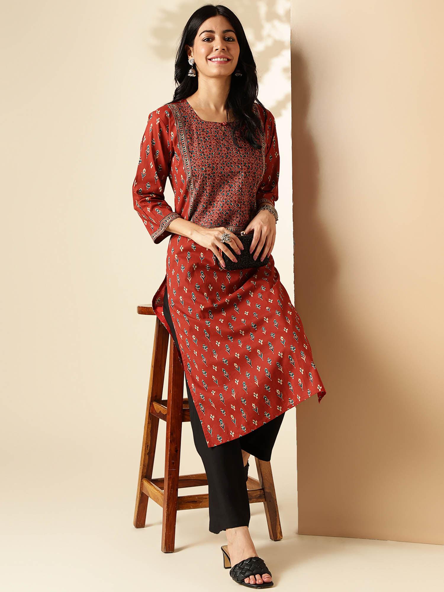 womens block print straight cotton maroon stitched kurta