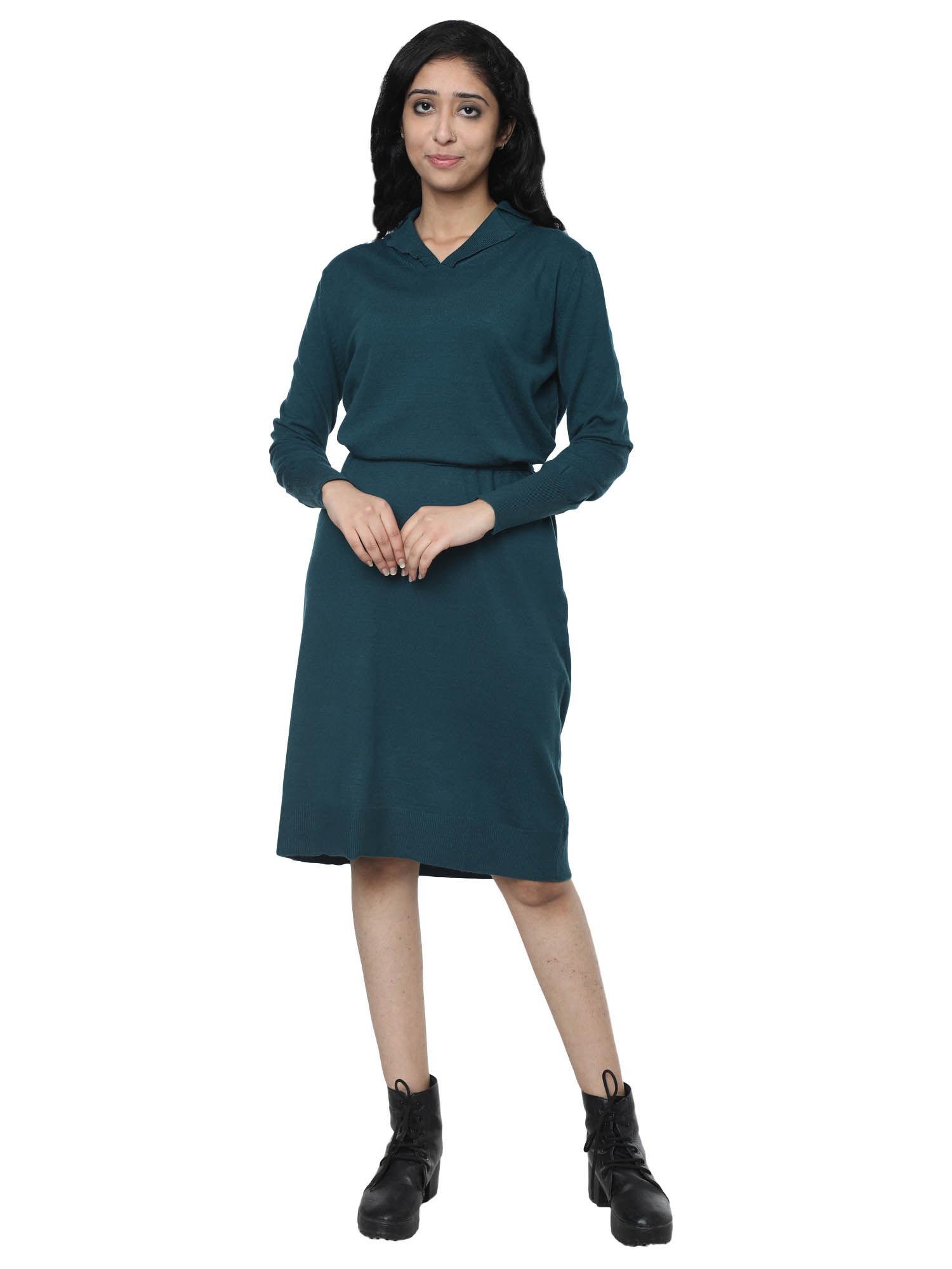 womens blouson full sleeve solid knit knee length sea green dress