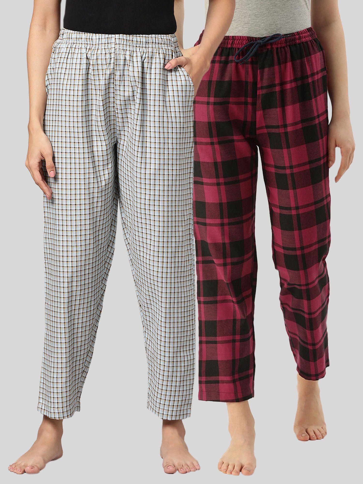 womens blue & maroon cotton check lounge pajamas (pack of 2)