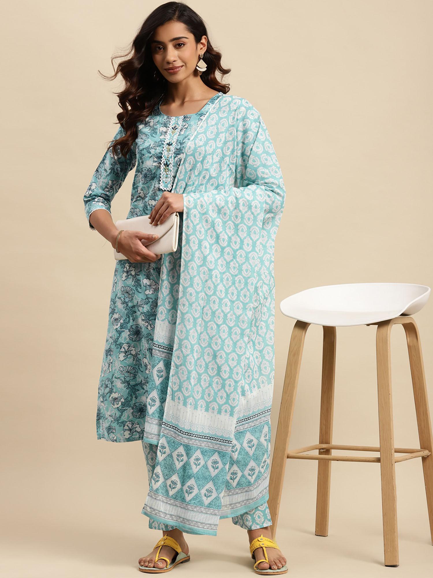 womens blue & white floral printed kurta with pant and dupatta (set of 3)