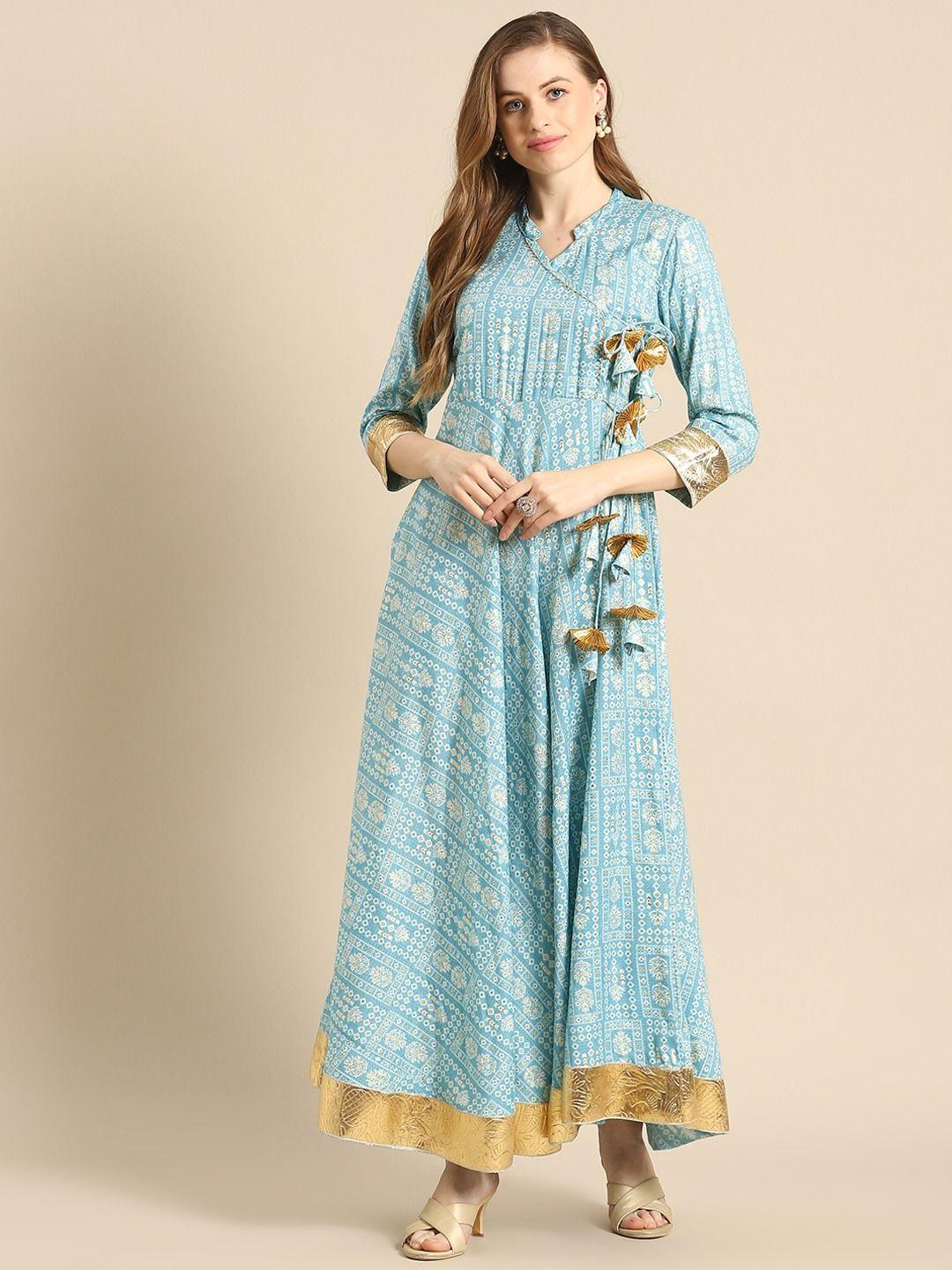 womens blue & white gotta patti foil printed angrakha maxi dress