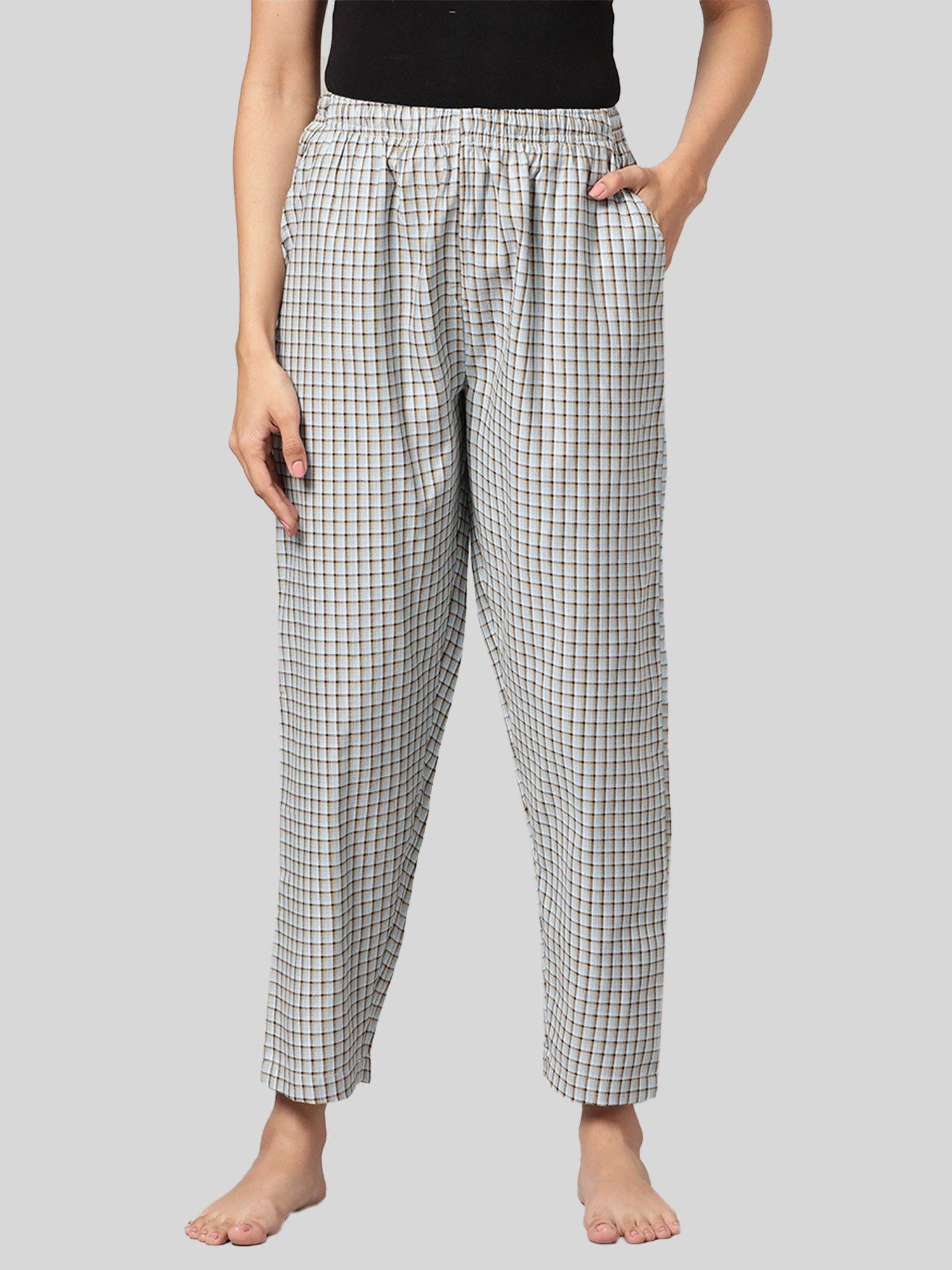 womens blue 100 percent cotton woven checked regular fit pyjama