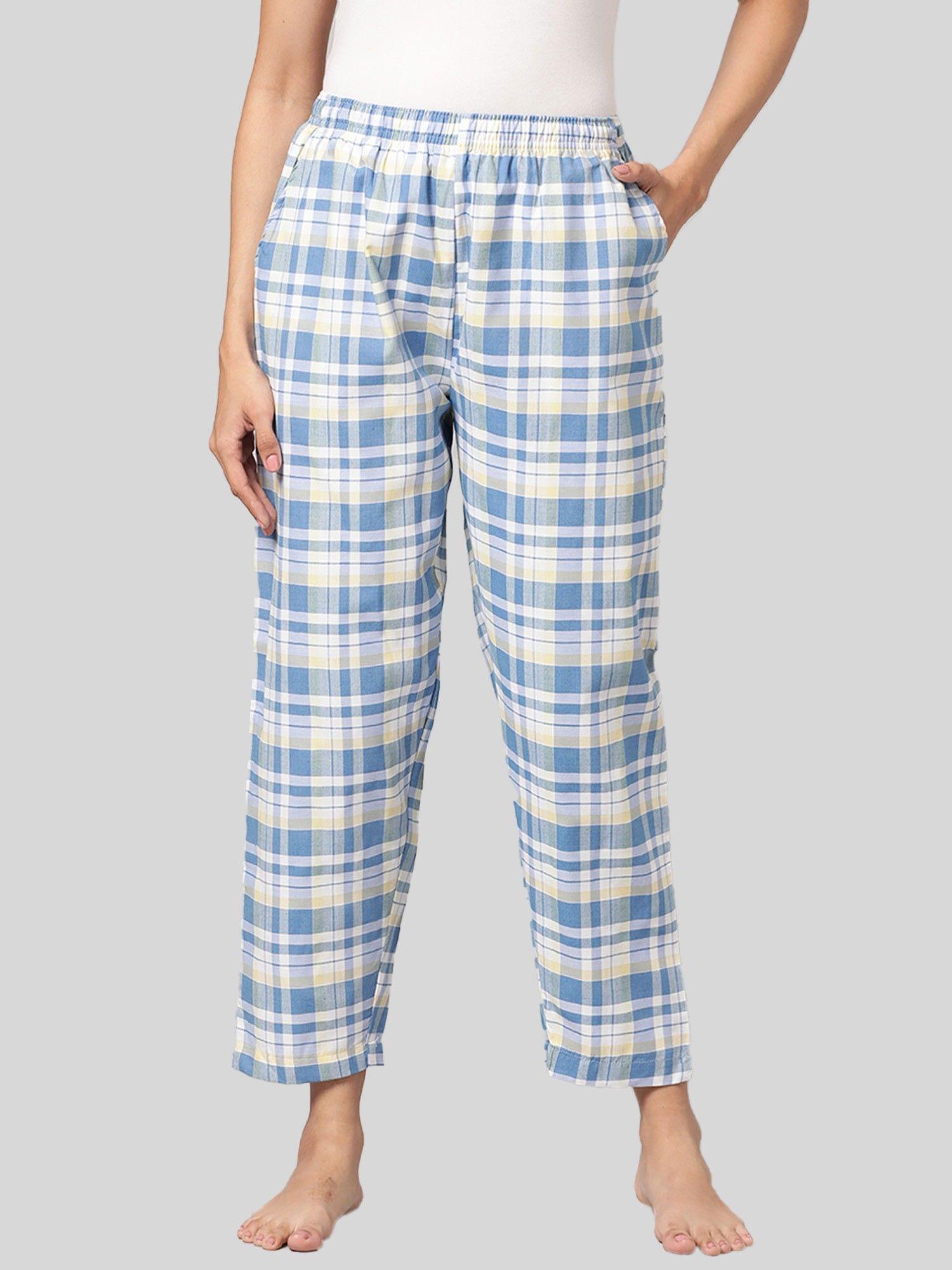 womens blue 100 percent cotton woven checked regular fit pyjama