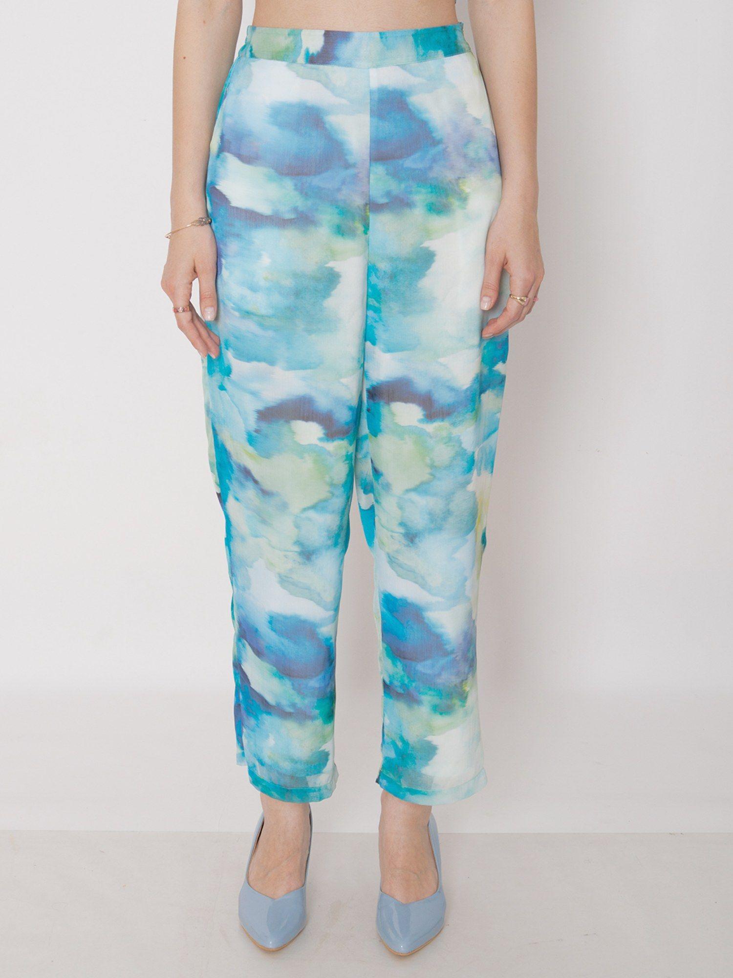 womens blue abstract printed straight trouser