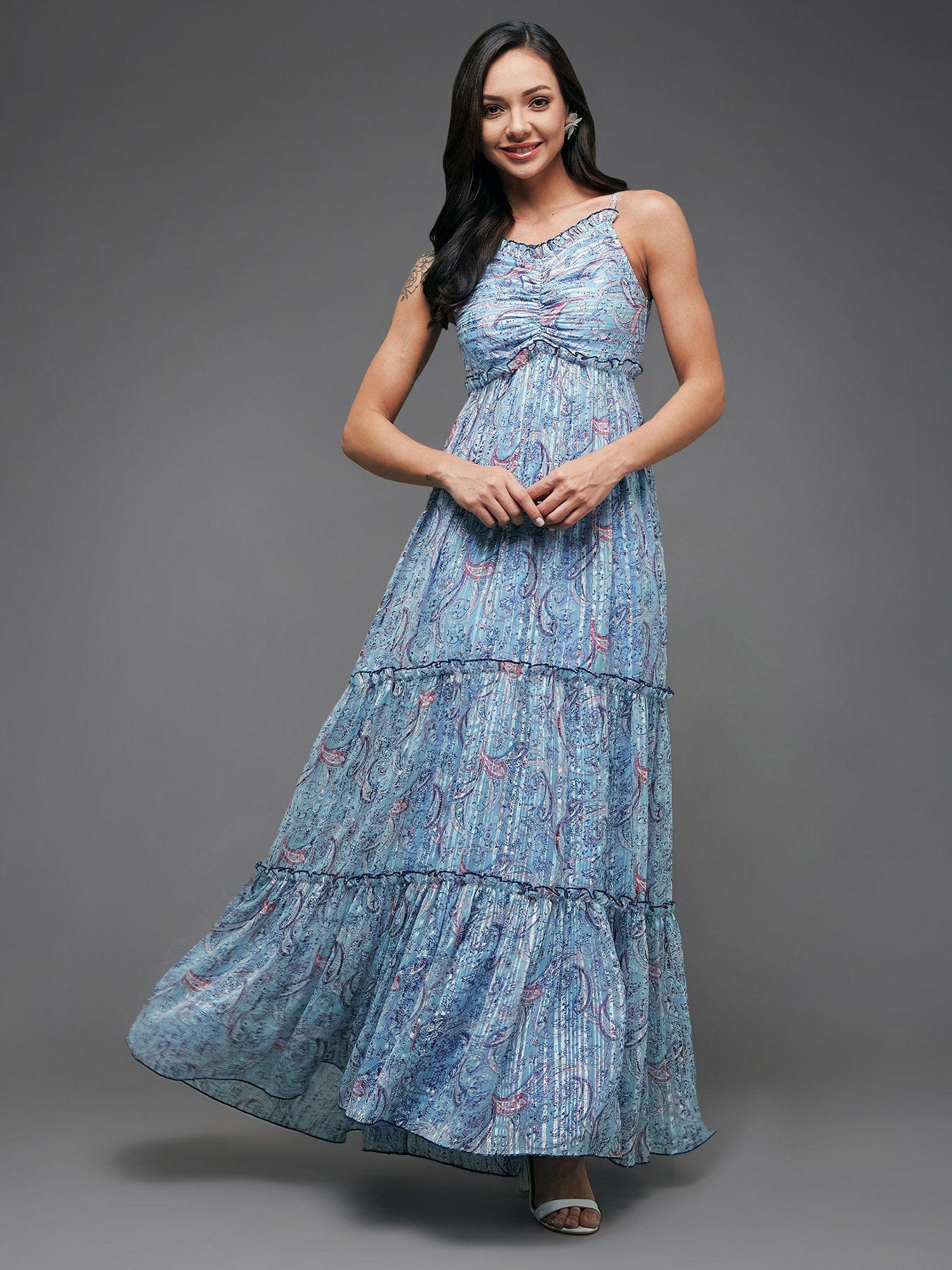 womens blue adjustable shoulder strap maxi georgette dress