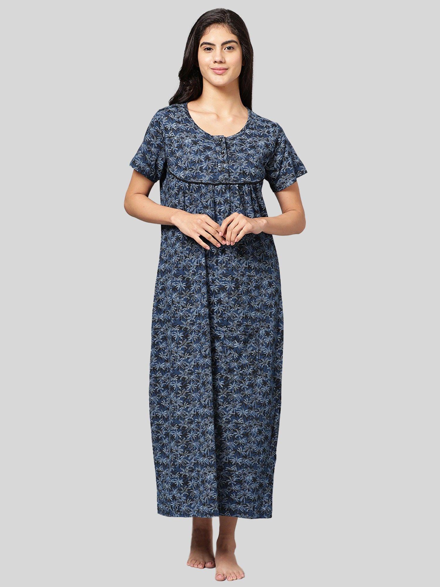 womens blue all over printed pure cotton maxi nightdress