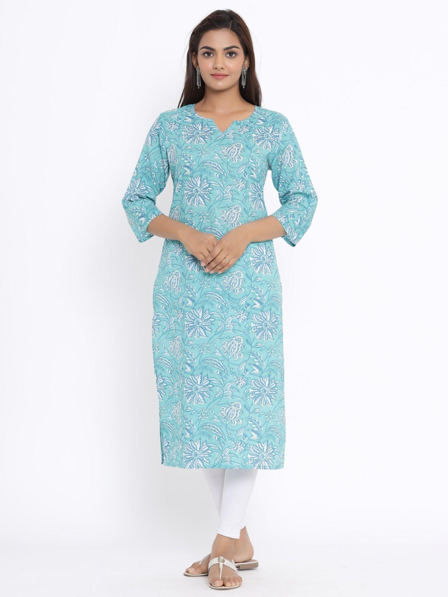 womens blue and white floral printed cotton straight kurta