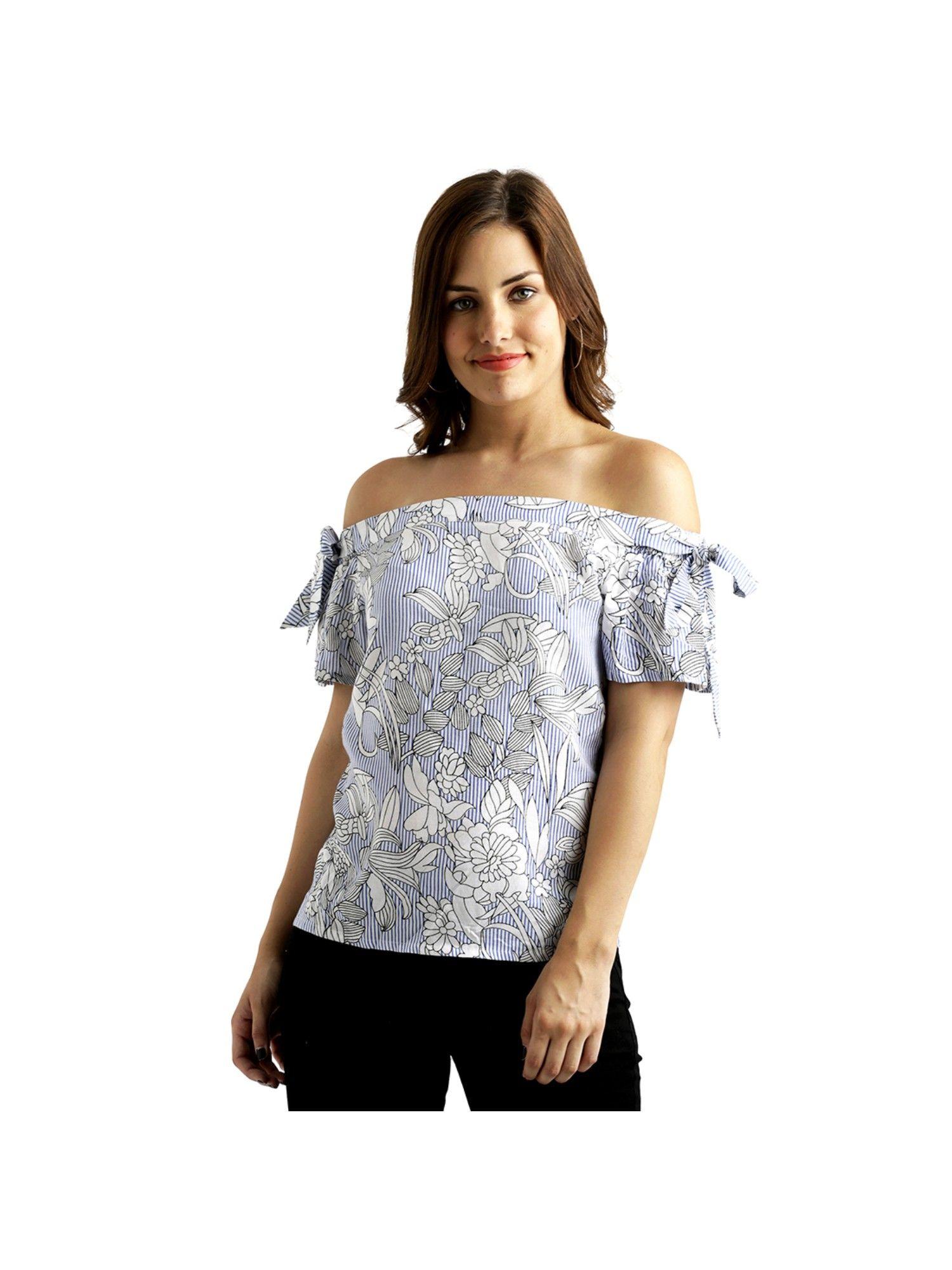 womens blue and white off shoulder striped and floral print bardot top